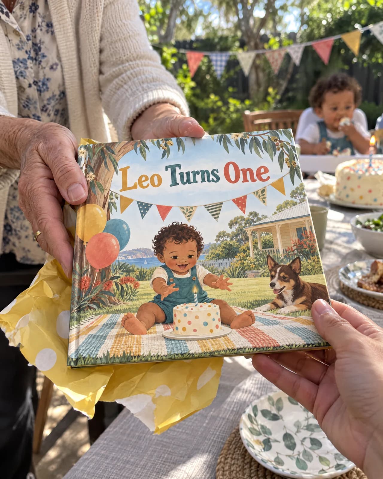 A grandparent's hands passing a hardcover picture book across a first birthday table, cake and bunting behind