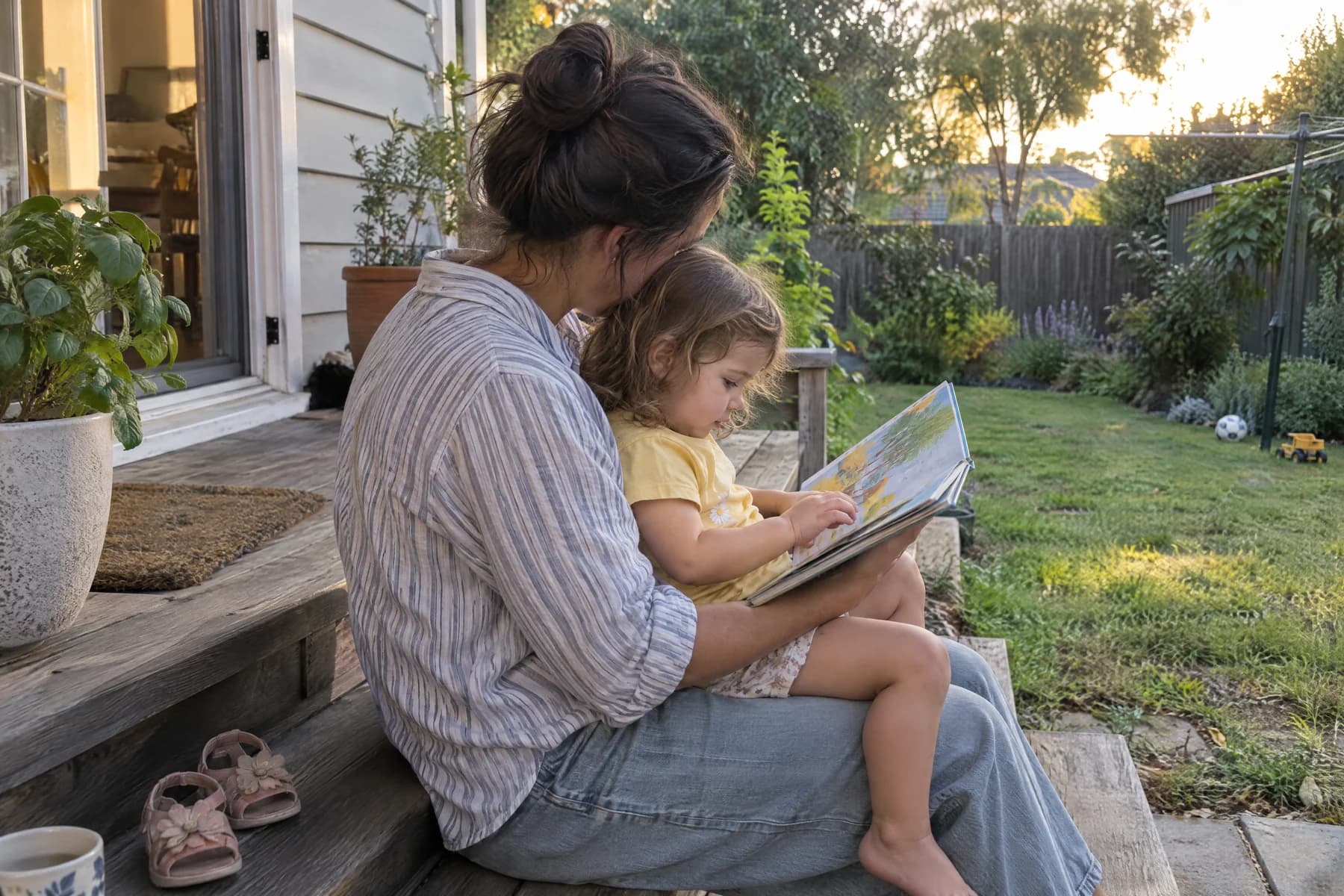 A godparent reading a hardcover picture book with their godchild on their lap