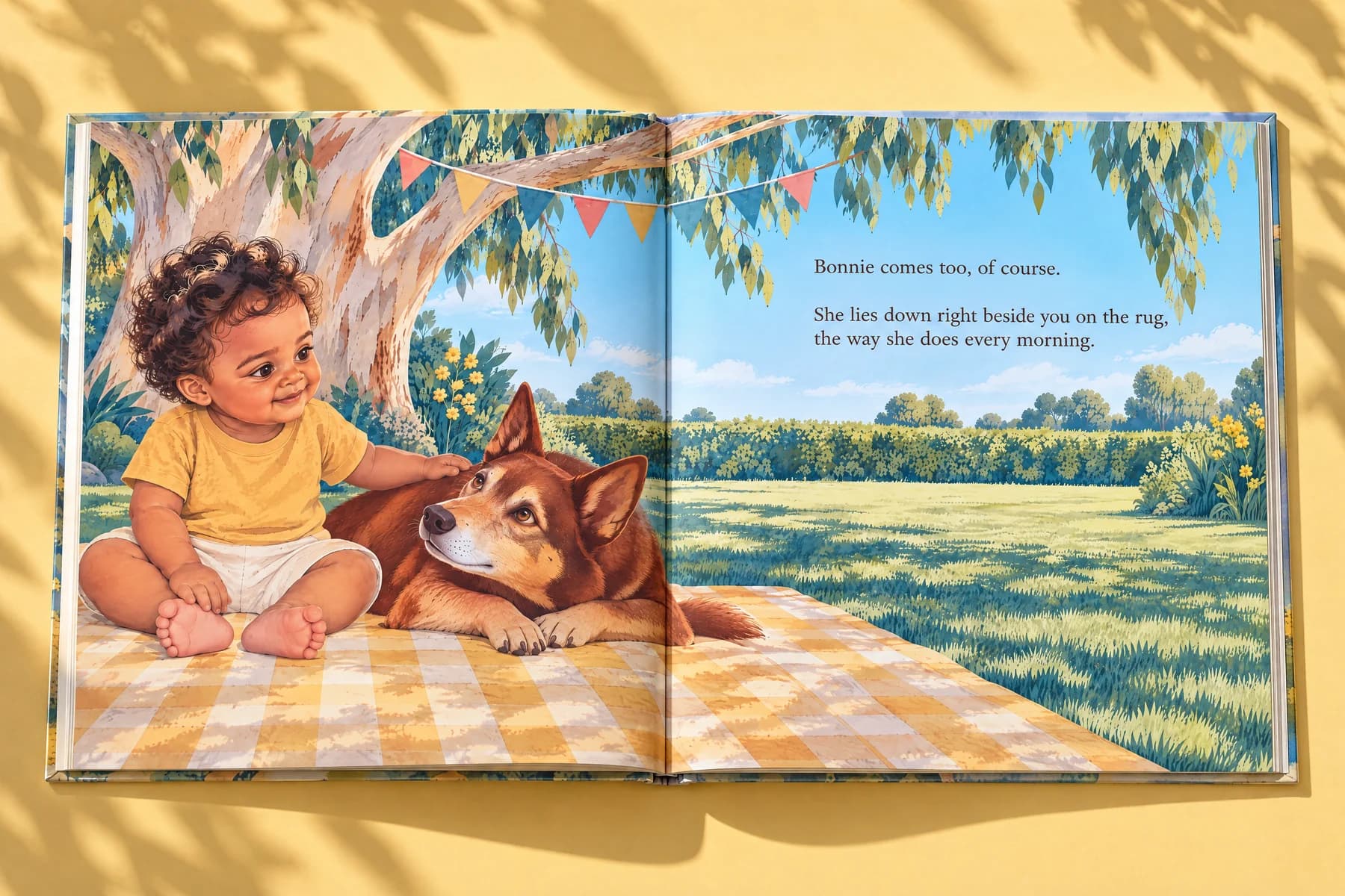 A personalised first birthday book open flat on a rug, a painted scene of a one-year-old across both pages