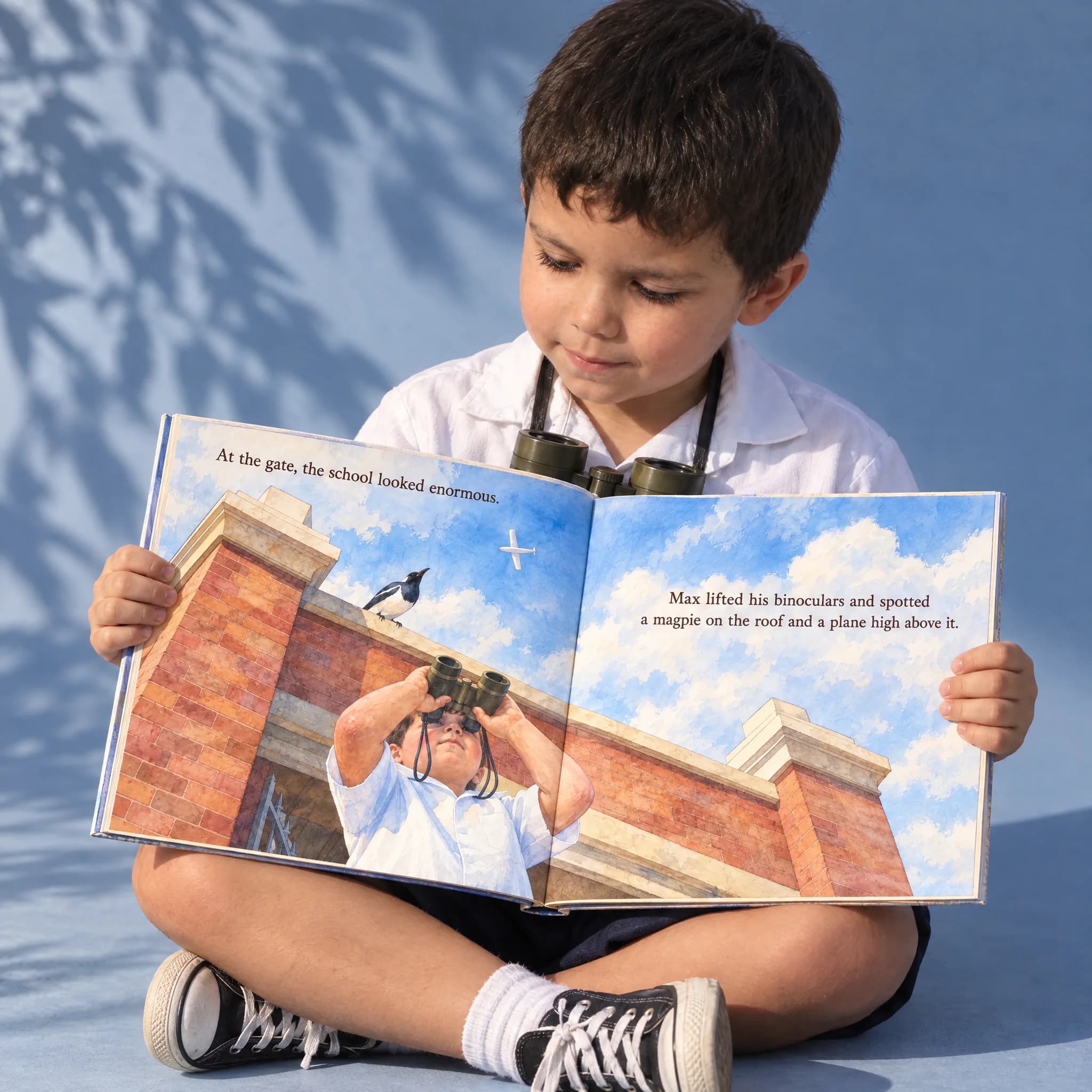 A child smiling with his book open in front of him