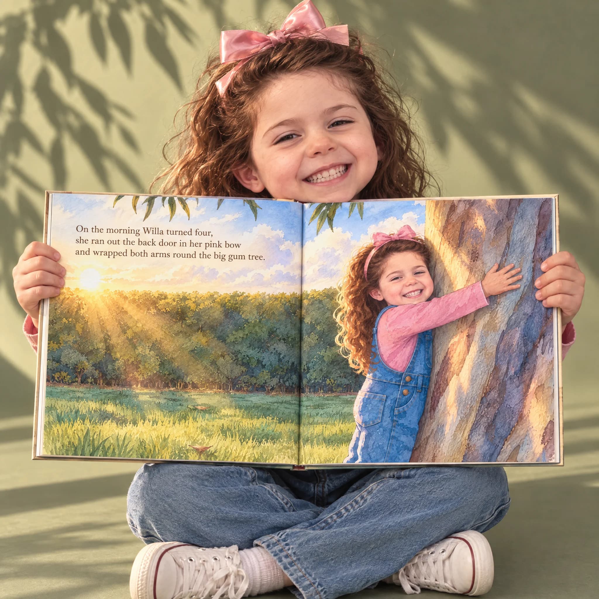 A girl smiling with her book open in front of her