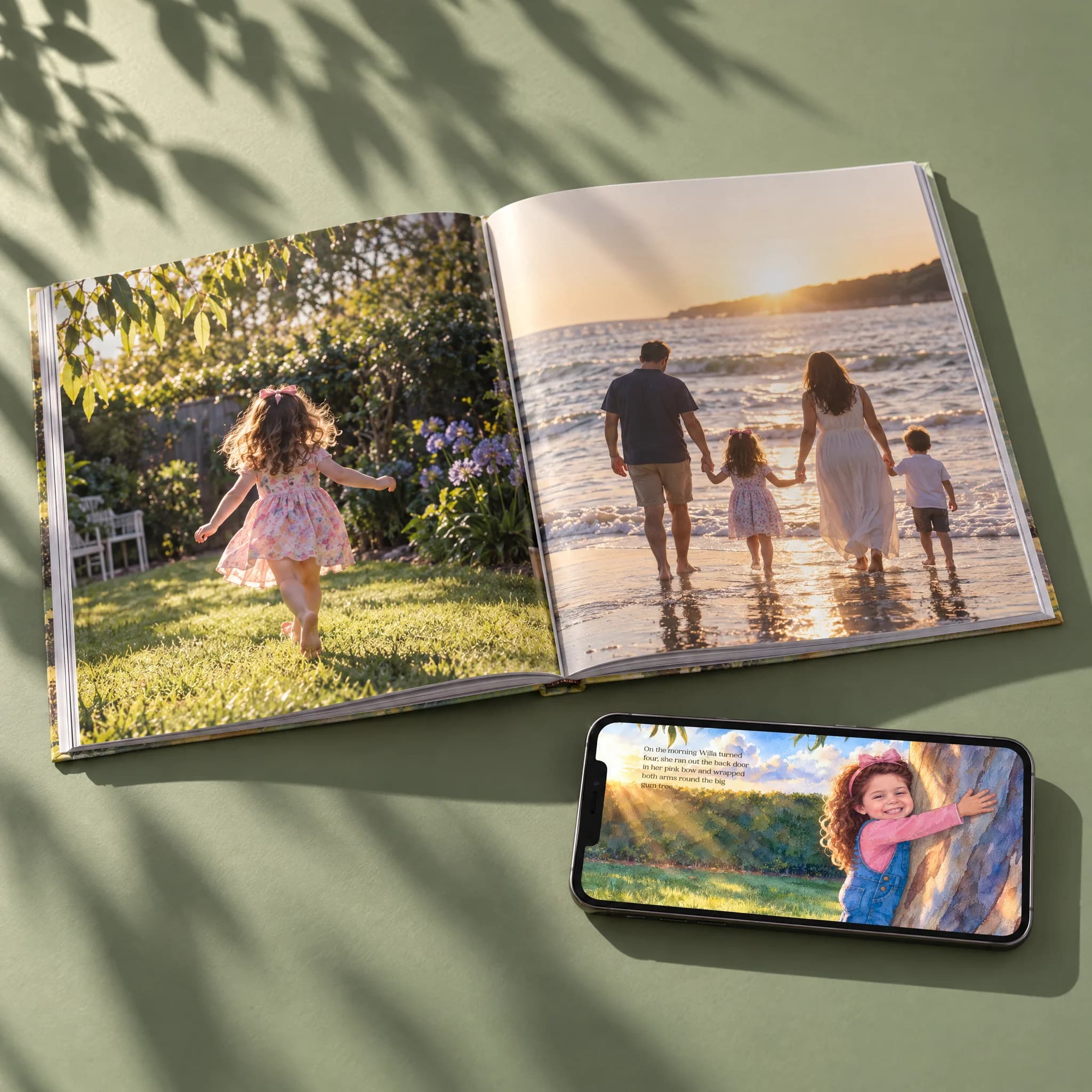 The Keepsake: the book, a photo album and the online copy on a phone