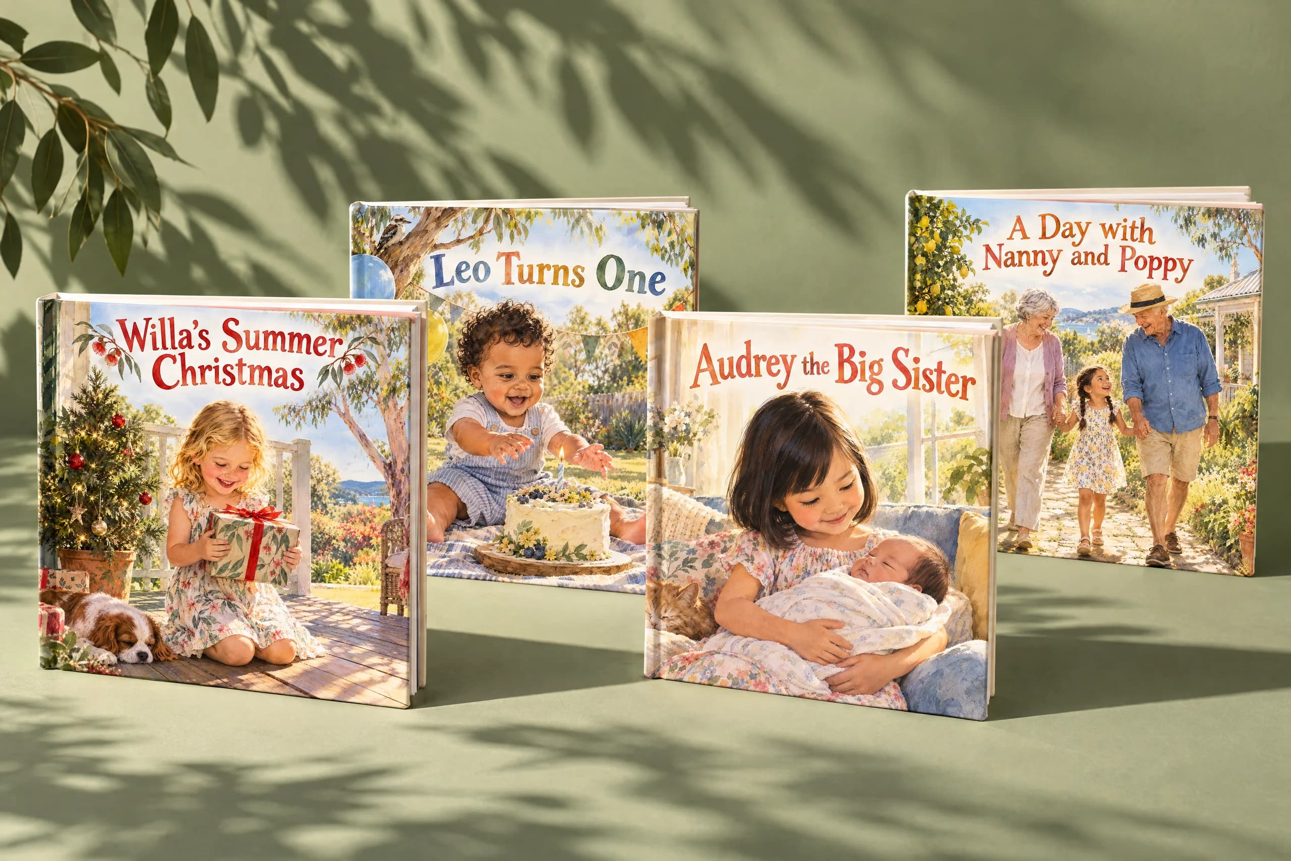 Four Paperlake hardcover books standing in the sun