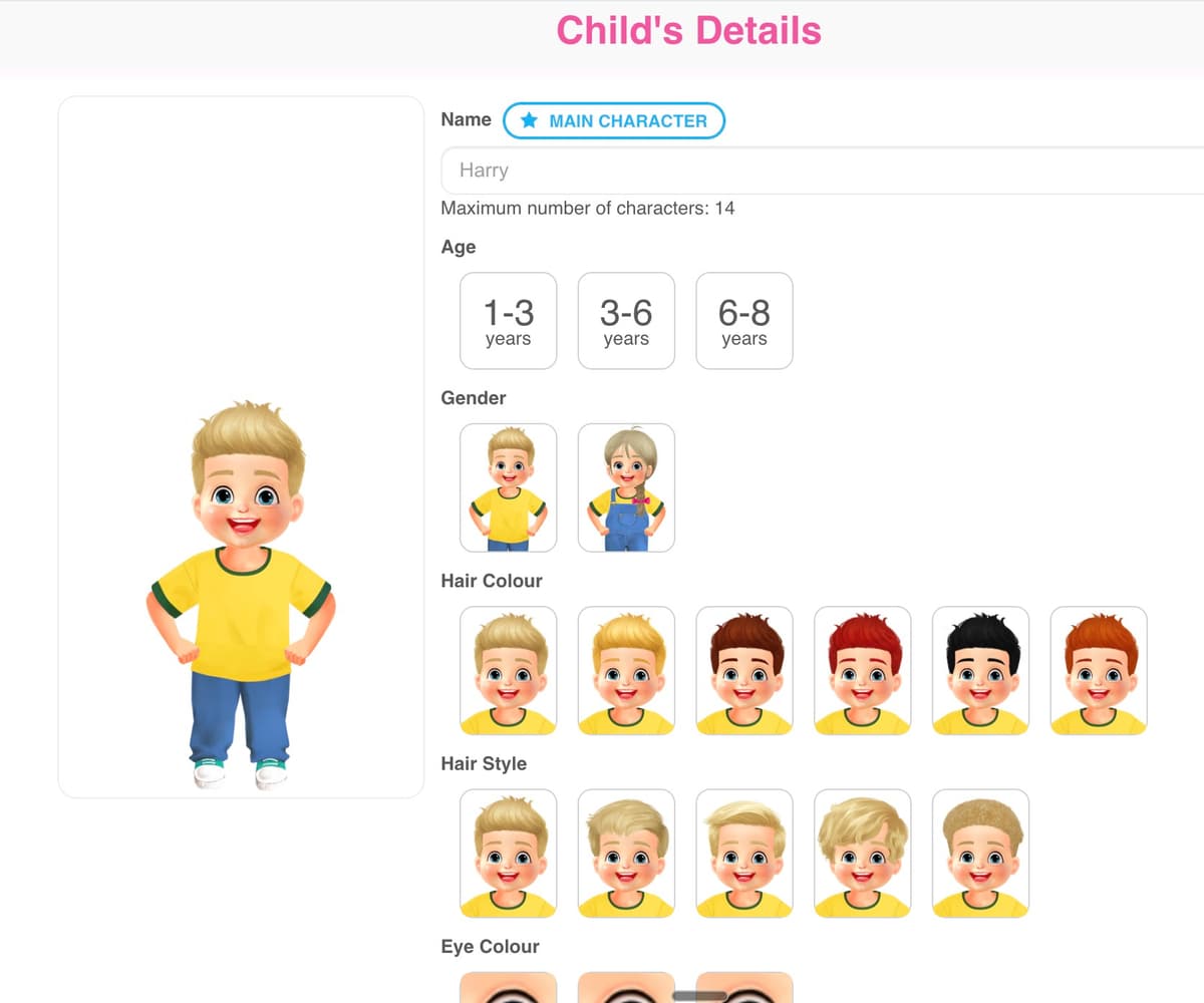 Dinkleboo avatar builder with preset cartoon options for hair, eyes, and gender