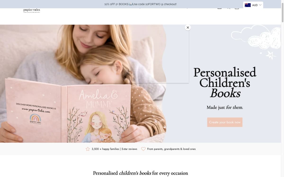 Papier Tales customiser showing template fields for name and dedication