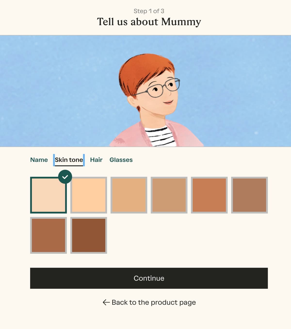 Wonderbly's character customisation showing preset skin tone, hair, and glasses options