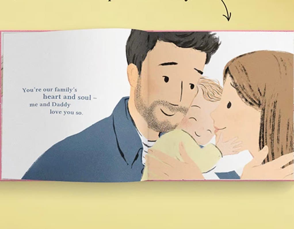 Wonderbly book spread showing generic family illustration with no resemblance to any real child