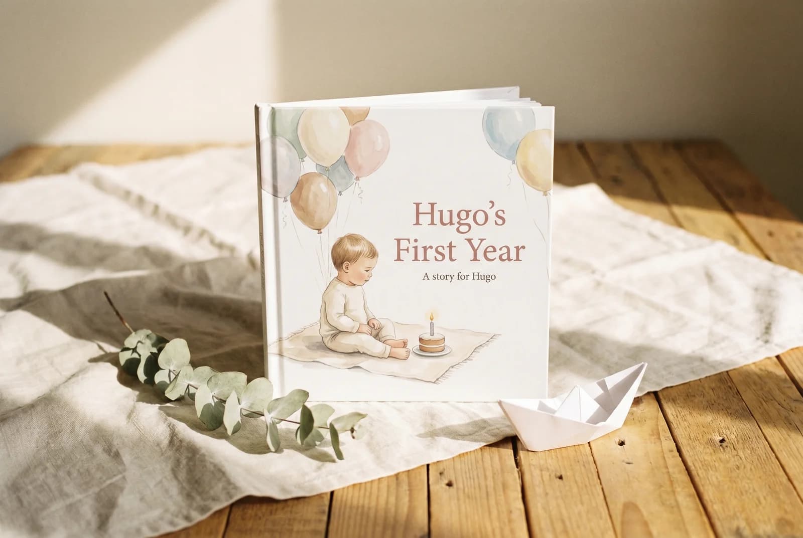 A child interacting with a personalised hardcover book at a first birthday