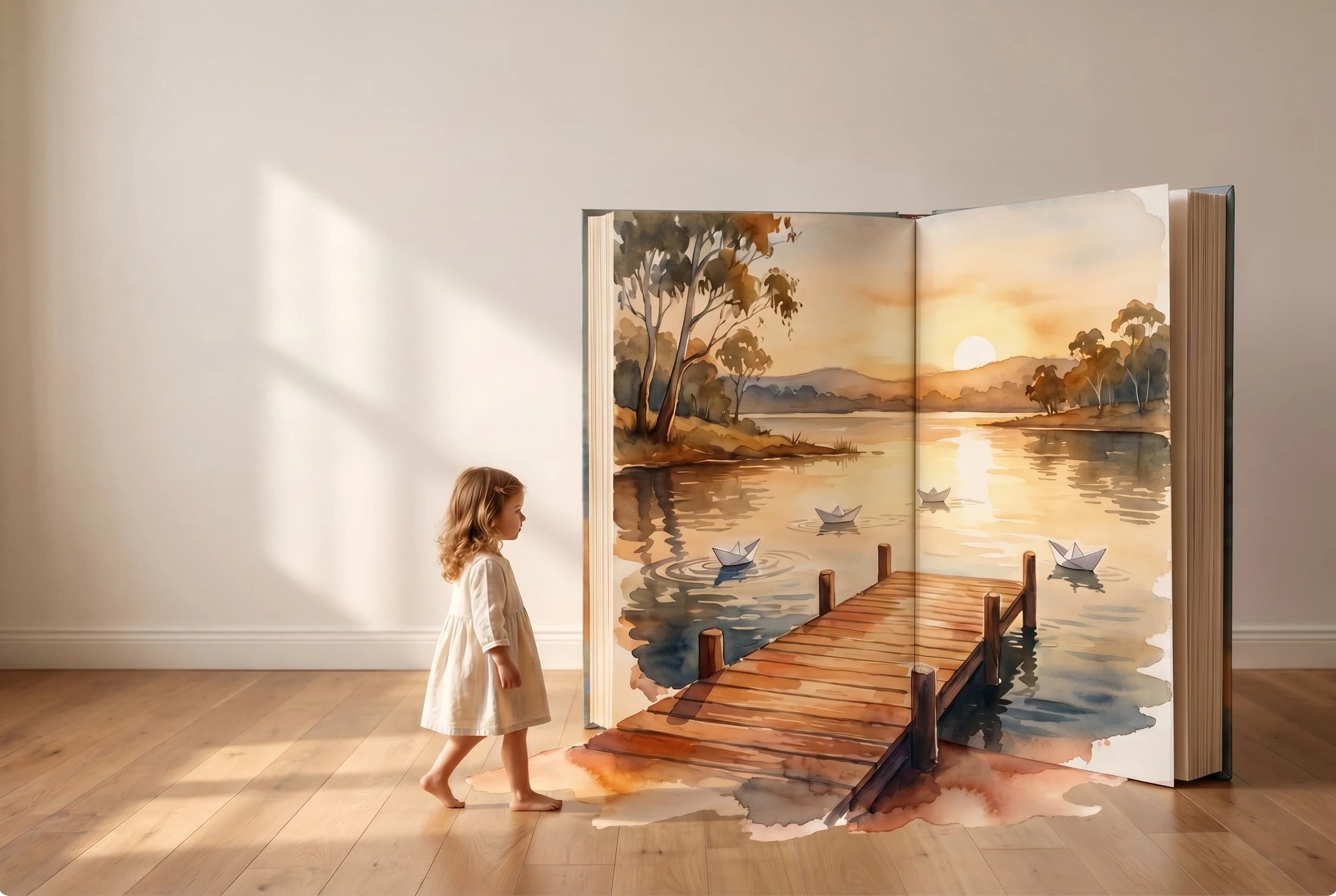 A small child standing in a sunlit room, looking up at a giant open hardcover storybook showing a watercolour lake at sunset with paper boats