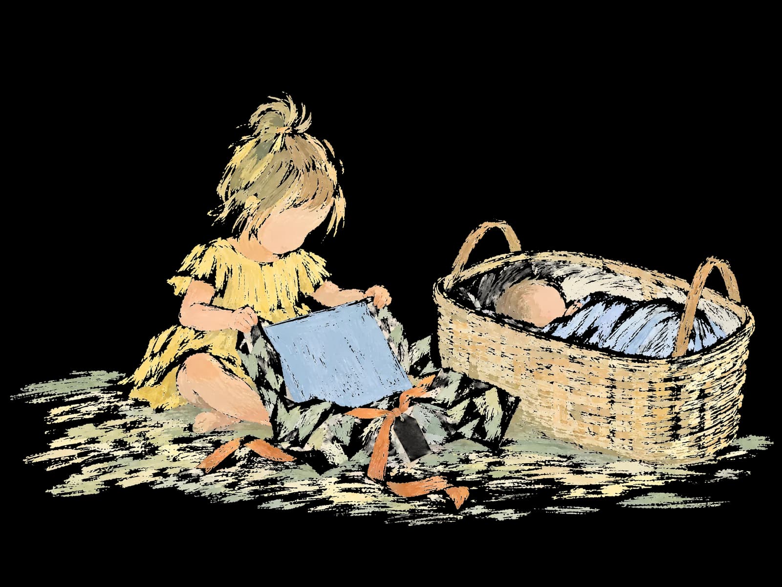 A painting of a toddler big sister unwrapping a picture book, a newborn in a bassinet beside her