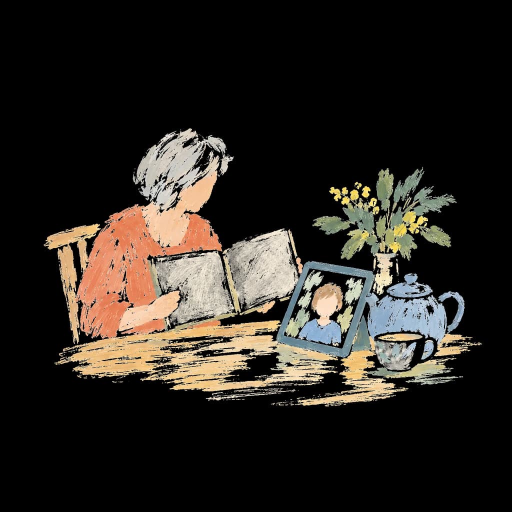 A painting of a grandparent at the kitchen table holding an open picture book up to a tablet propped on the teapot