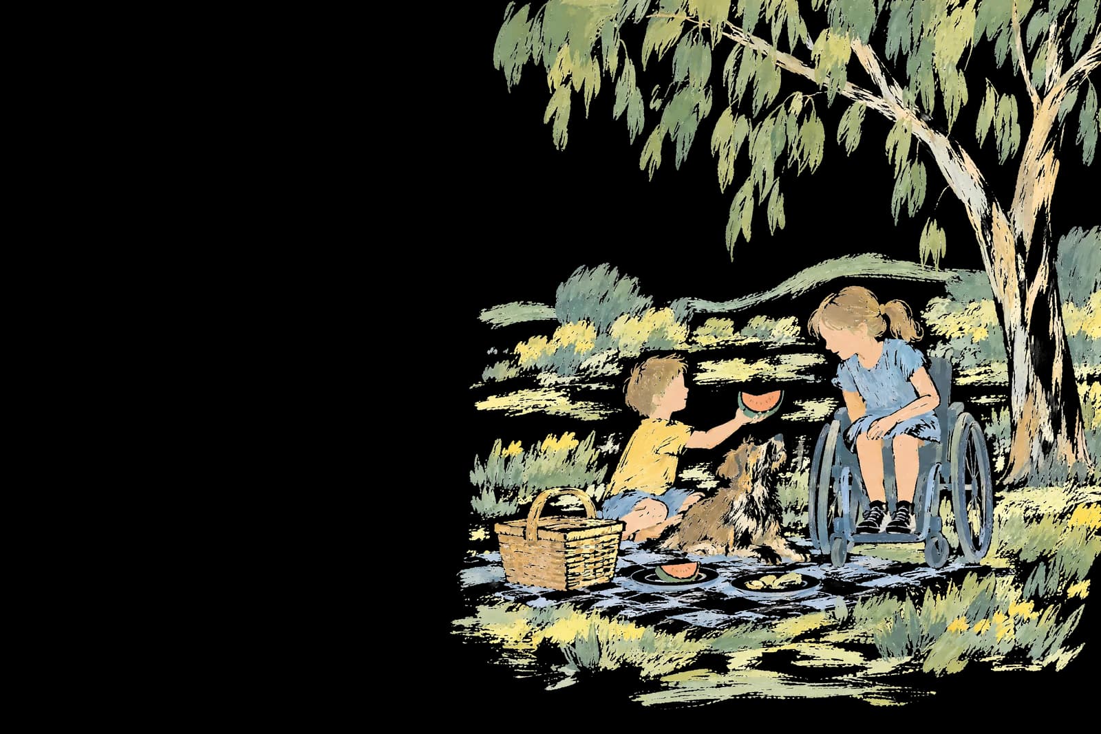 A painted family picnic: a girl in her wheelchair with her little brother and the dog