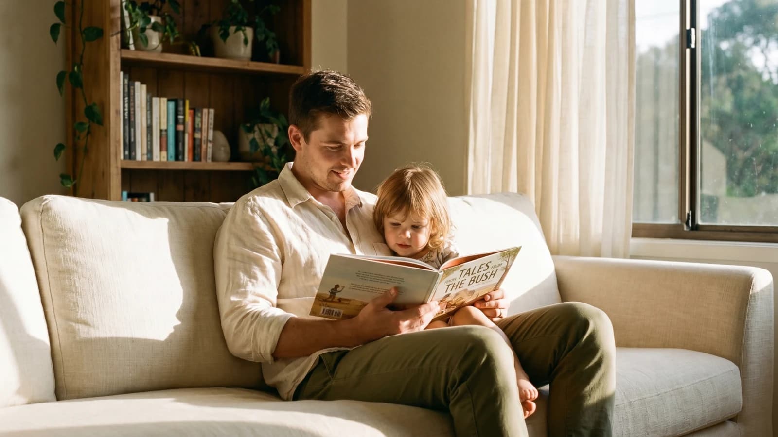 A dad reading a personalised storybook on the couch with his young child