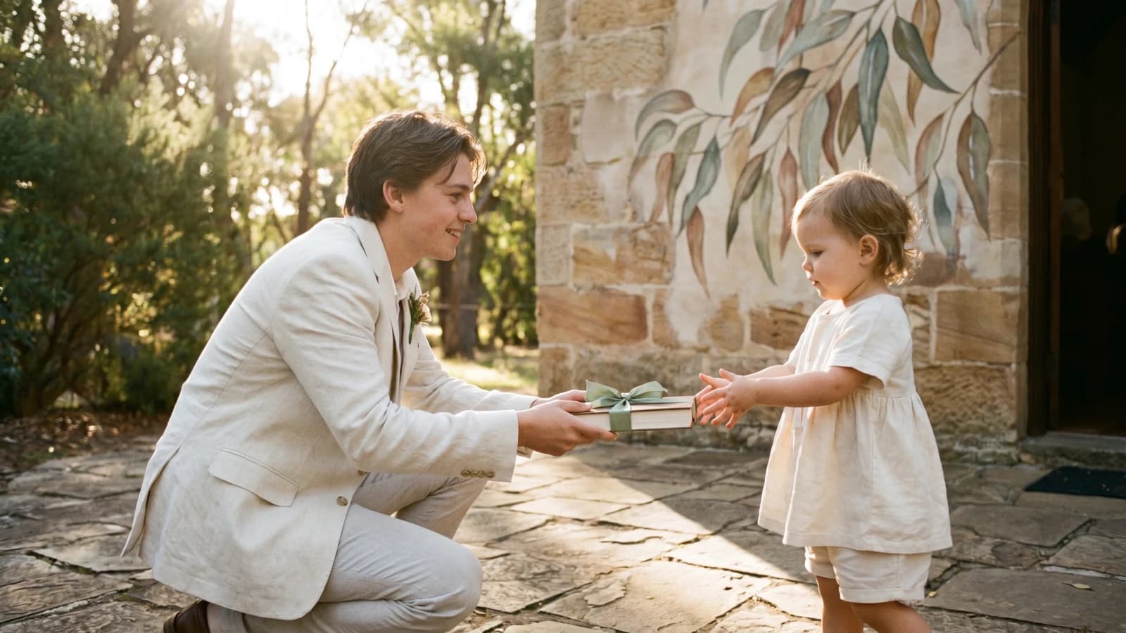 A godparent handing over a personalised storybook at a christening