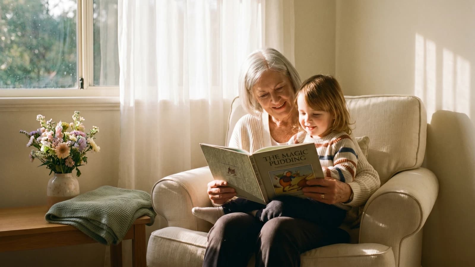 A grandparent reading a personalised storybook with a young grandchild on the couch