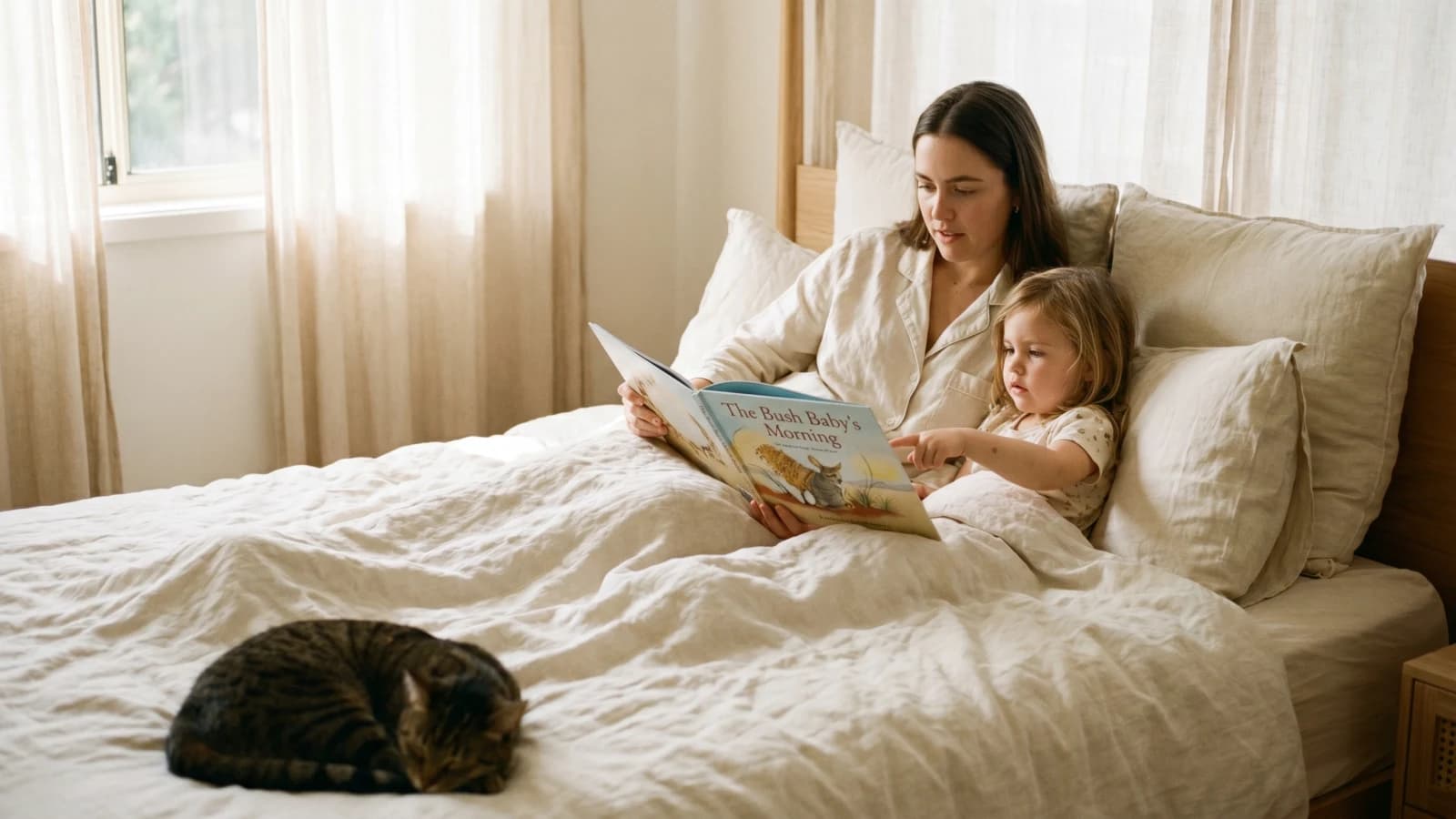 A mum reading a personalised storybook on the couch with her young child
