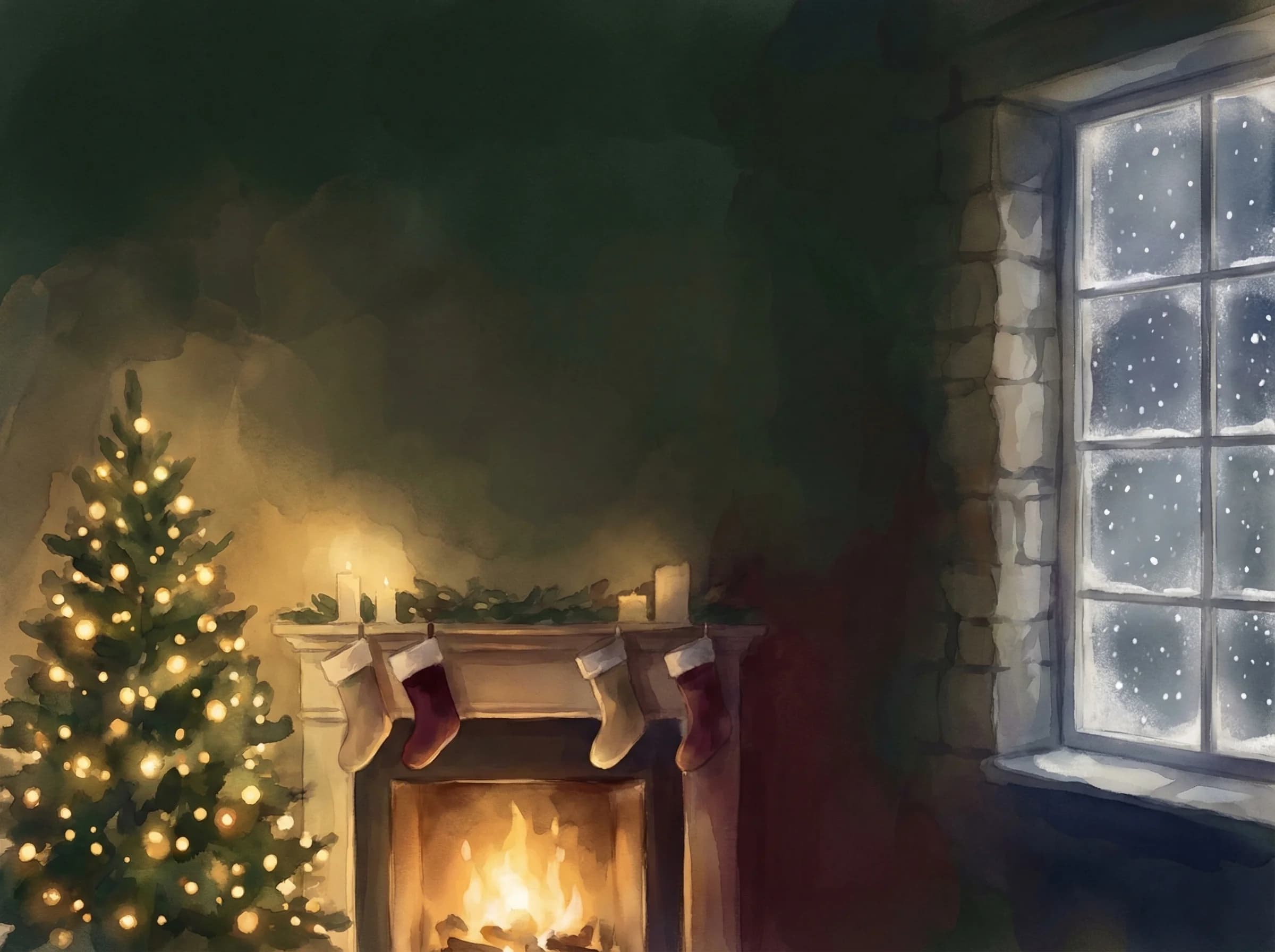 A family Christmas morning scene with stockings hung and gifts being opened