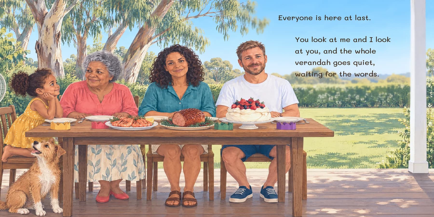 A painted spread from a sample Christmas book: a child with two parents, a grandparent and the family dog on a summer verandah