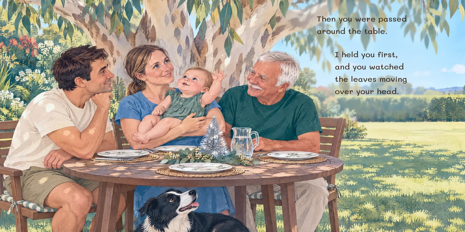 A painted spread from a sample first Christmas book: a baby with family members and the dog at a summer Christmas table