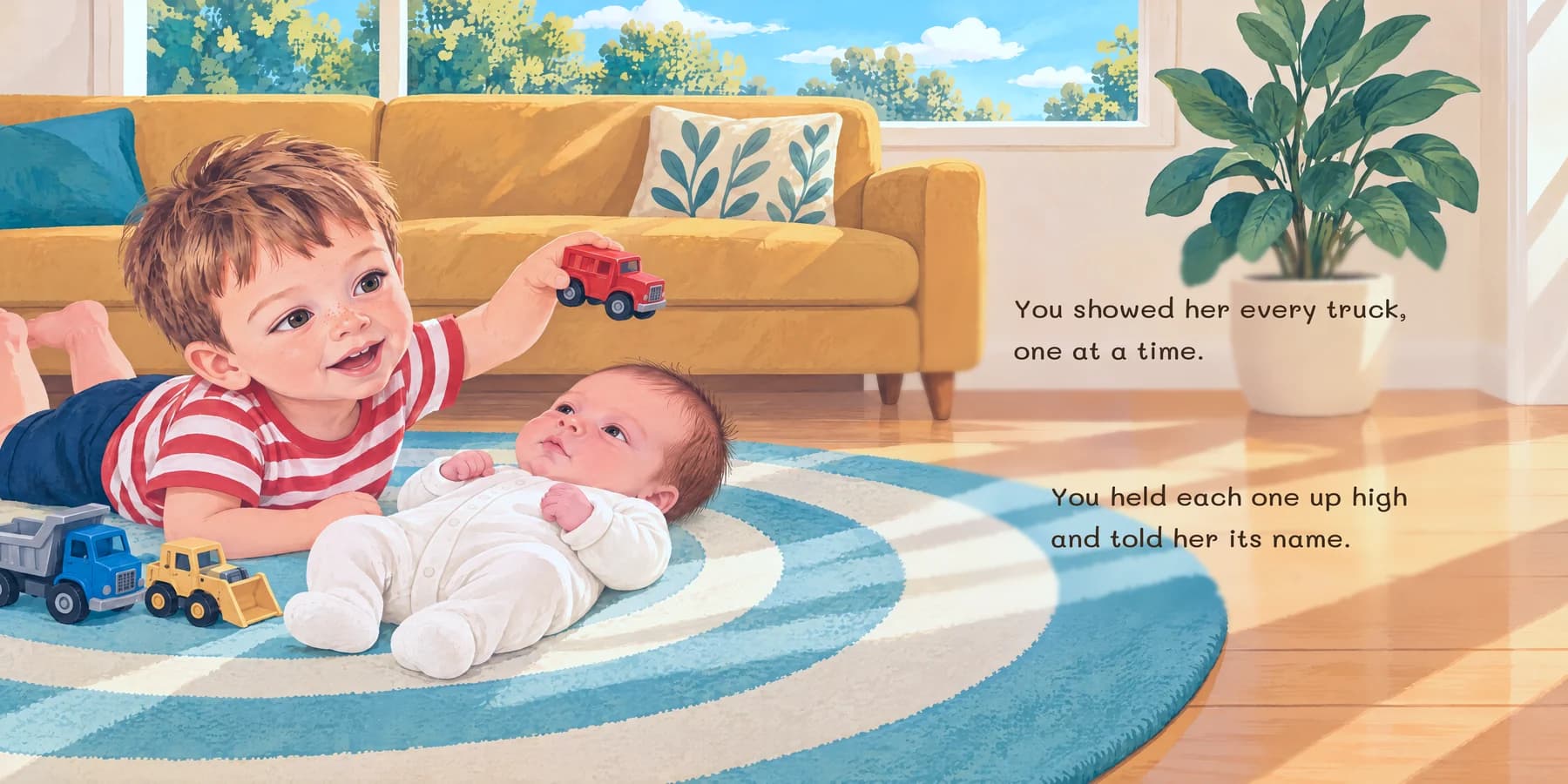 A sample spread: a boy of about three with his baby sibling, painted across both pages
