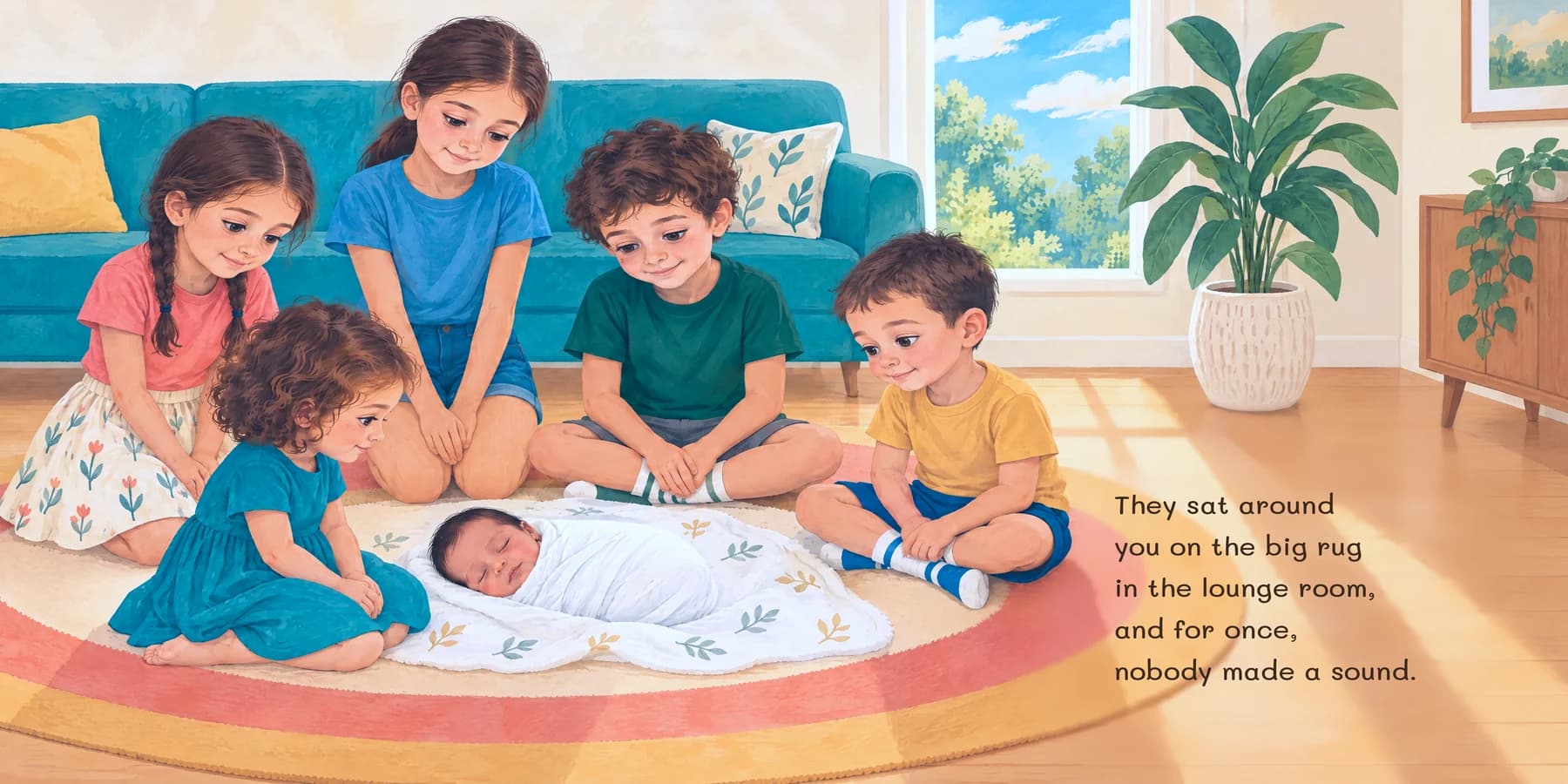 A sample spread: five children of different ages gathered around a newborn, painted across both pages