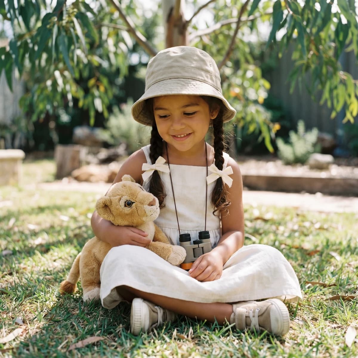A child crouching beside a friendly dog in a sunlit backyard