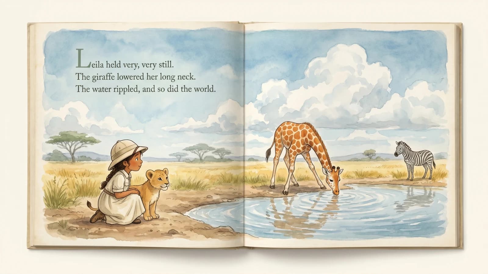 An interior spread from a Paper Lake personalised animal book showing the child illustrated alongside named species