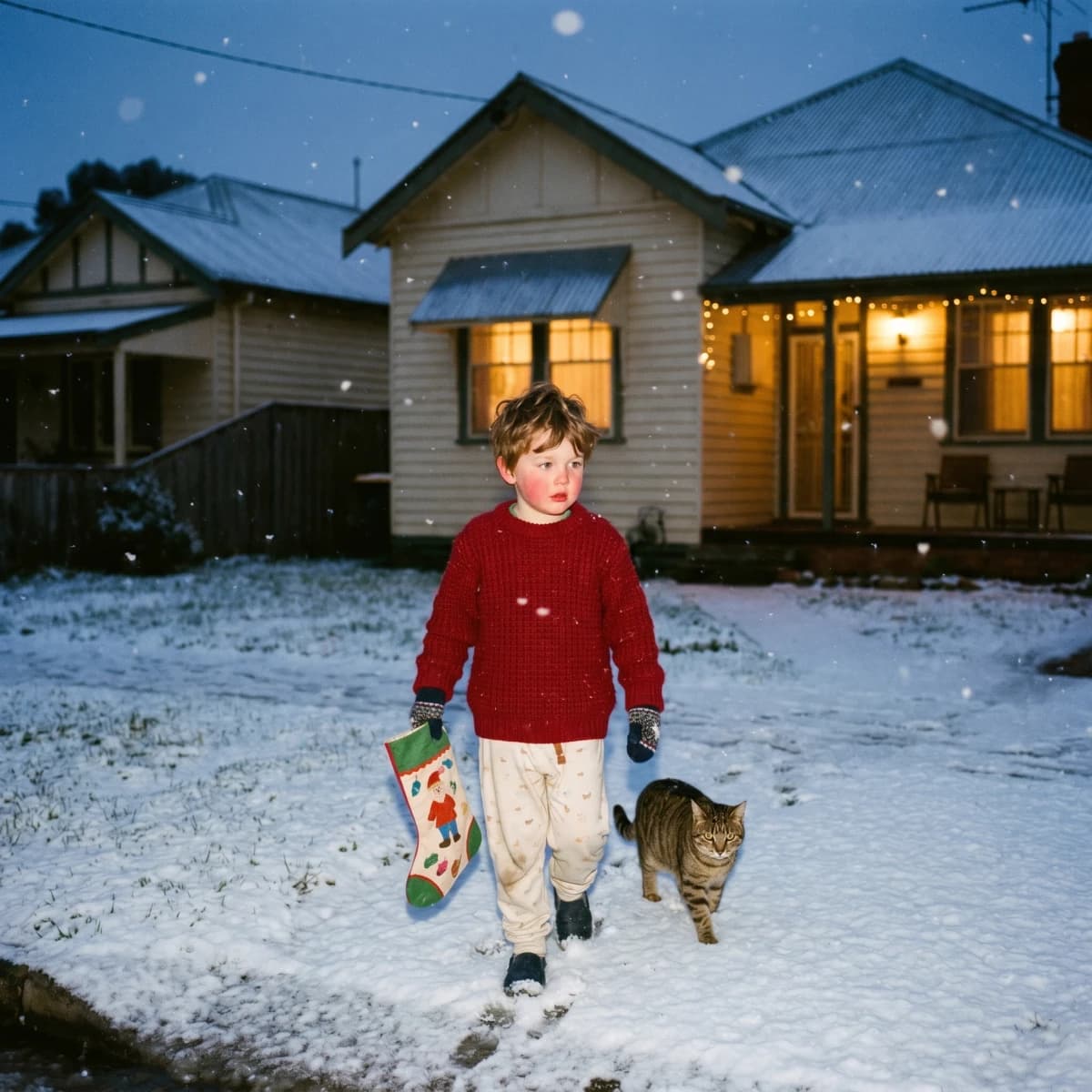A young child in pyjamas in front of a softly lit Christmas tree on Christmas morning