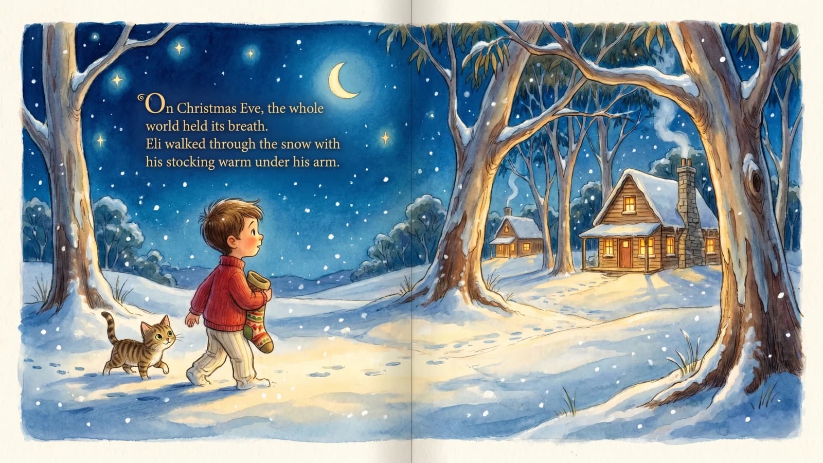 Open spread of a personalised Christmas storybook showing a child as the hero of the story