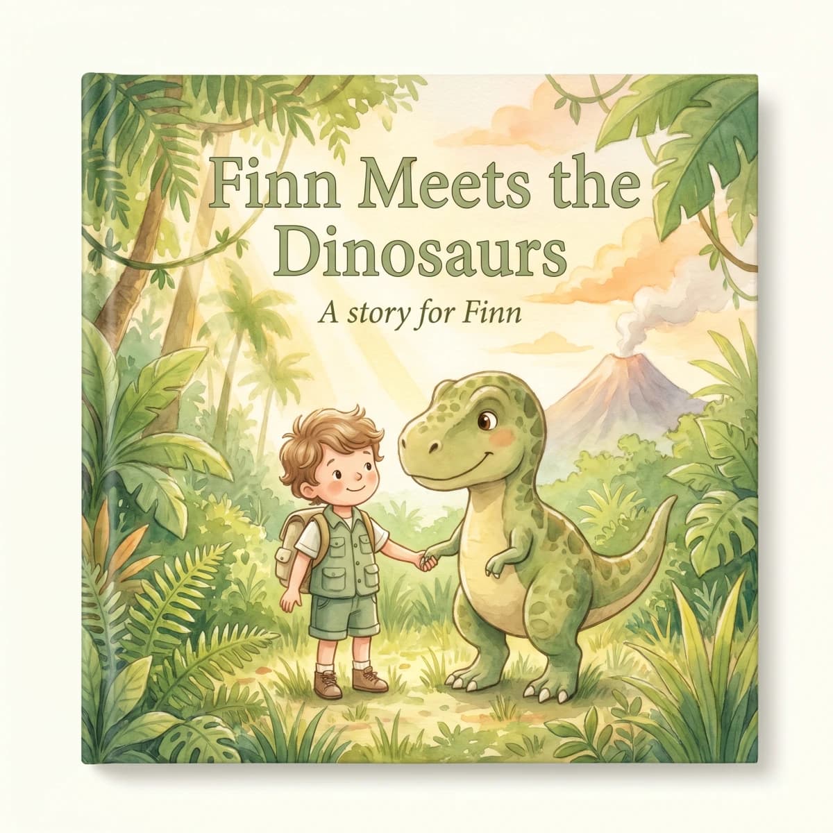 A personalised dinosaur storybook cover featuring a child as the hero of the adventure