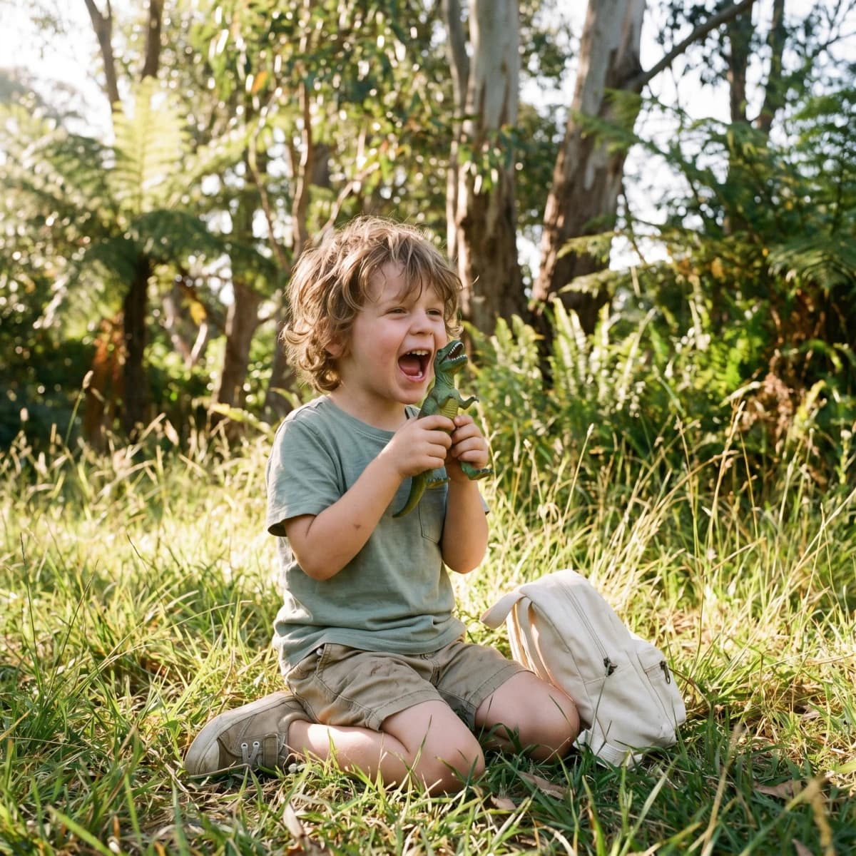 A child crouching to look at a model dinosaur in soft natural light