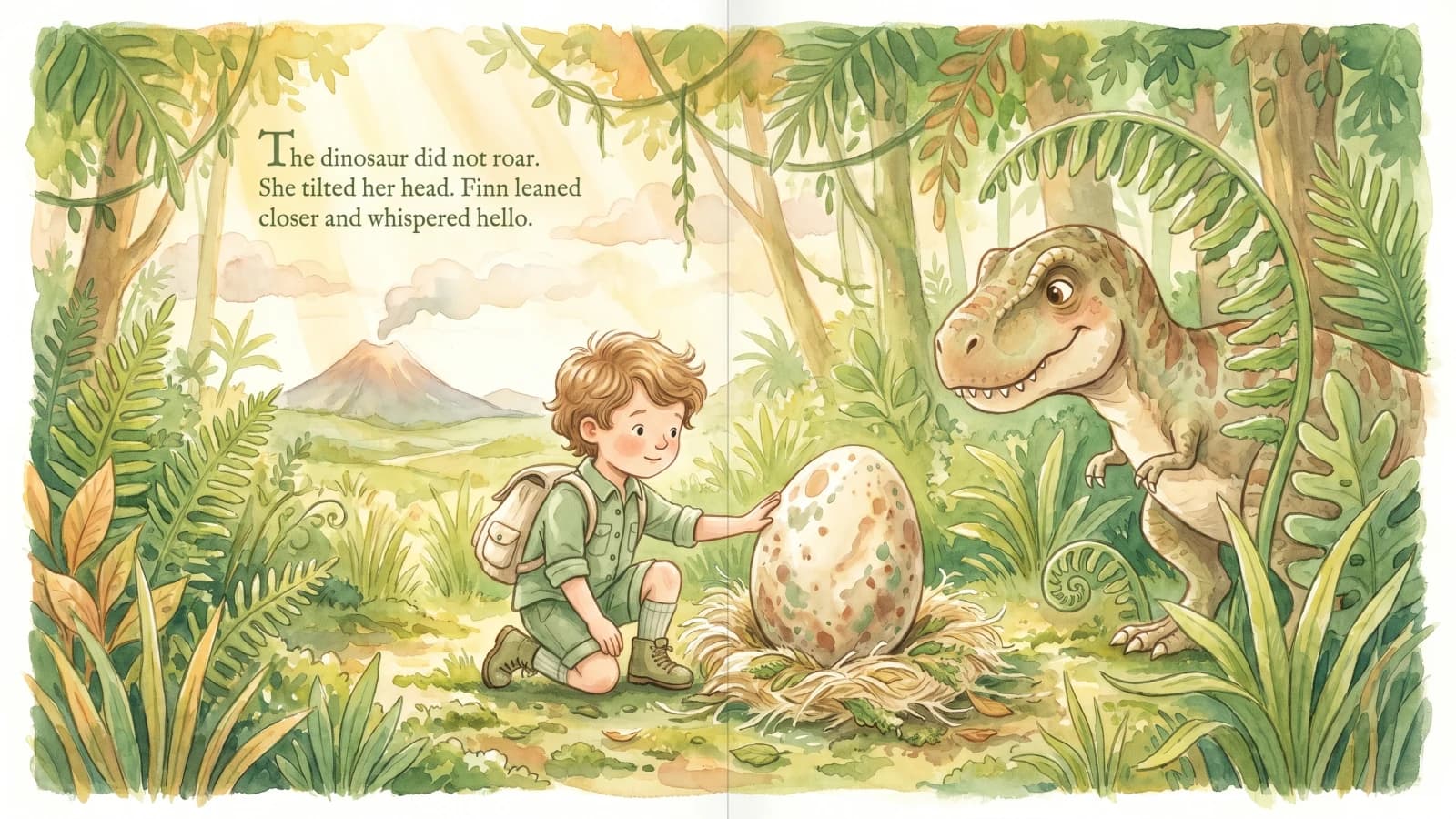 An interior spread from a Paper Lake personalised dinosaur book showing the child illustrated alongside named dinosaur species