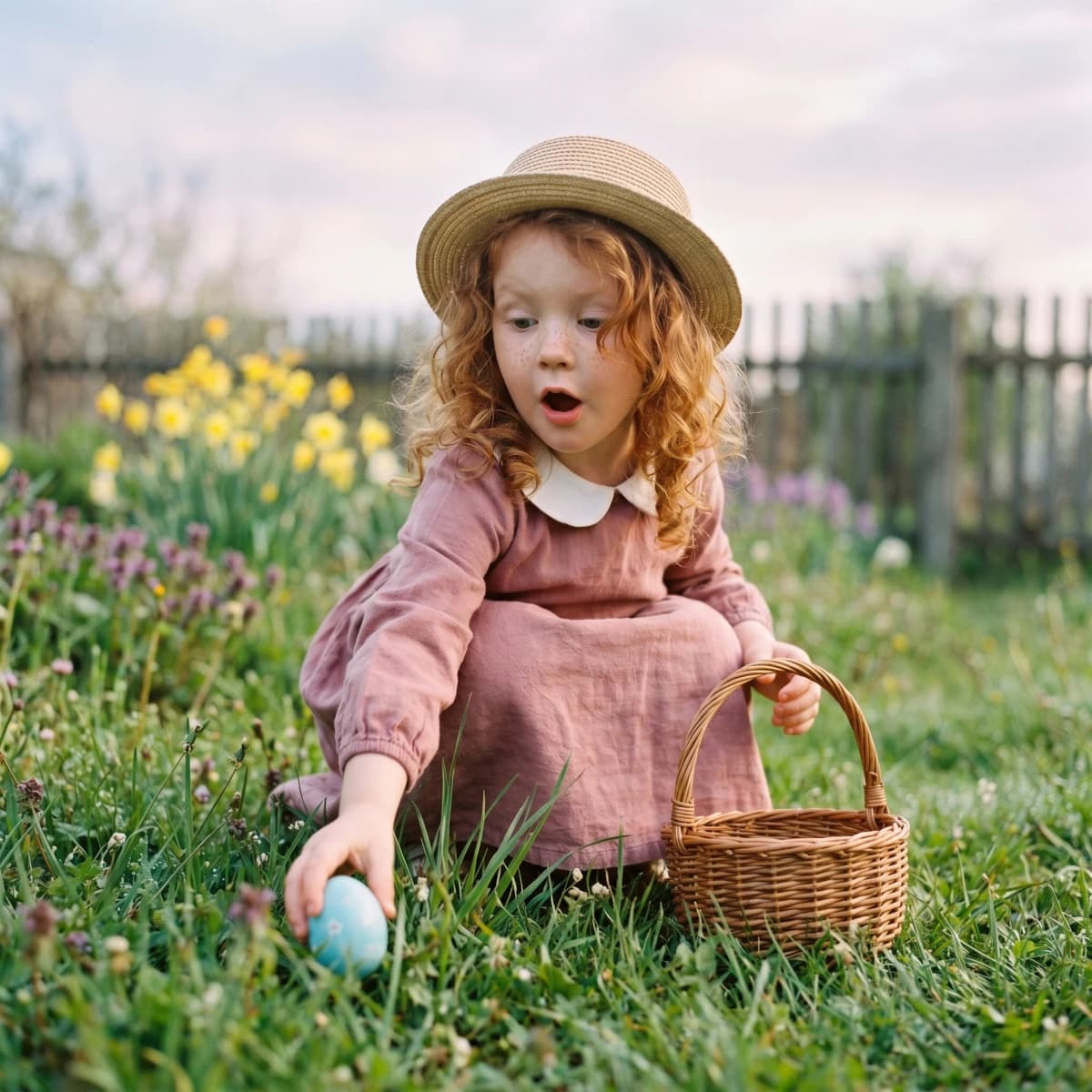 A toddler in autumn light hunting for Easter eggs in a backyard garden