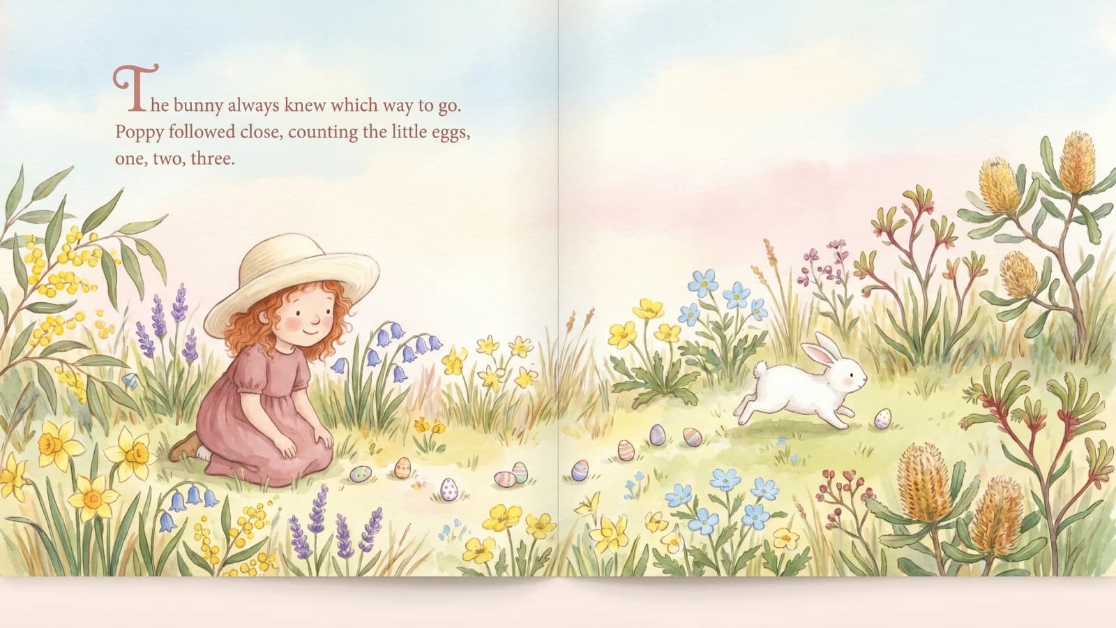 An interior spread from a Paper Lake Easter storybook showing the child illustrated in the story