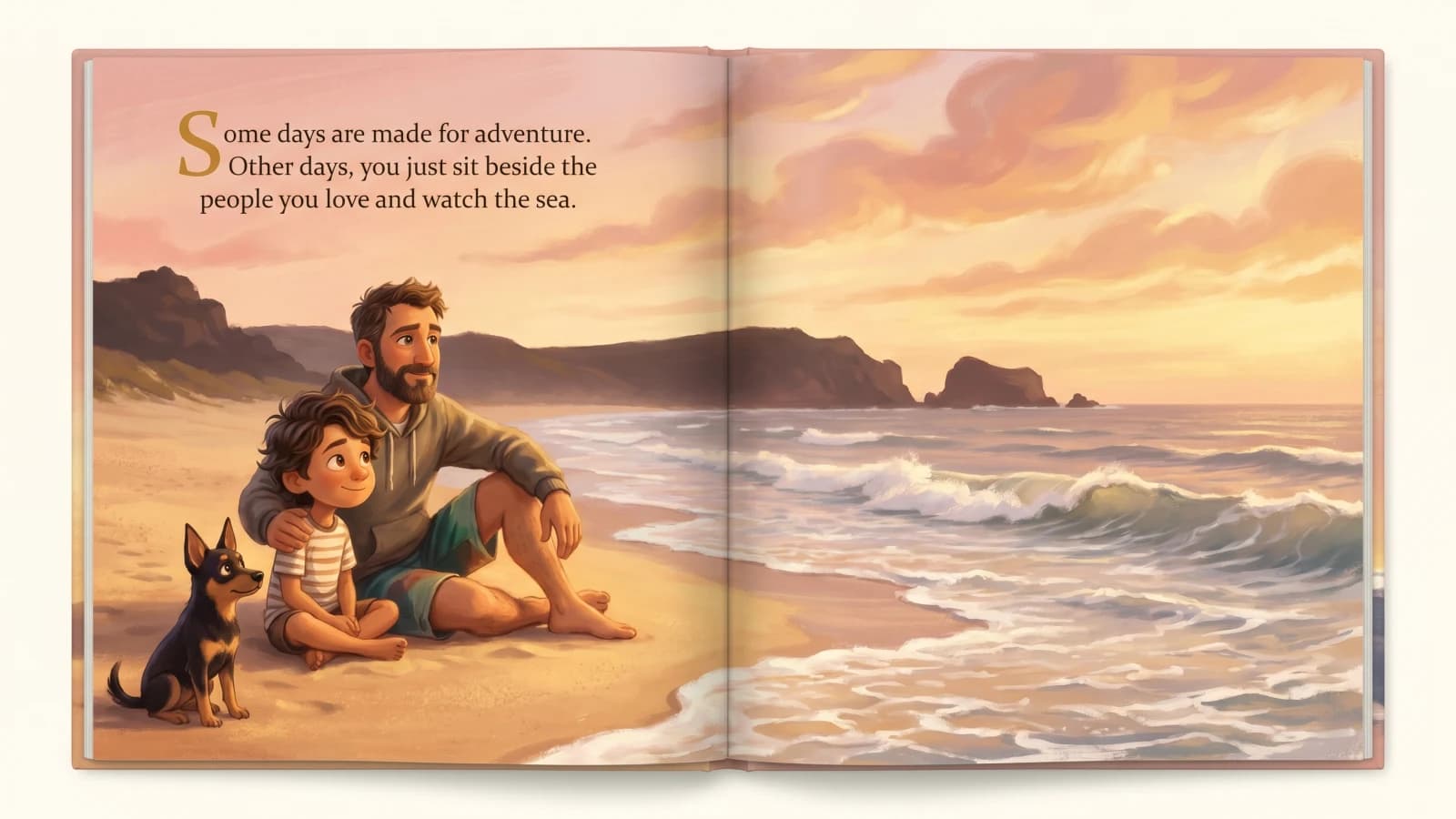 An interior spread from a Paper Lake Father's Day storybook showing Dad and child illustrated in the story