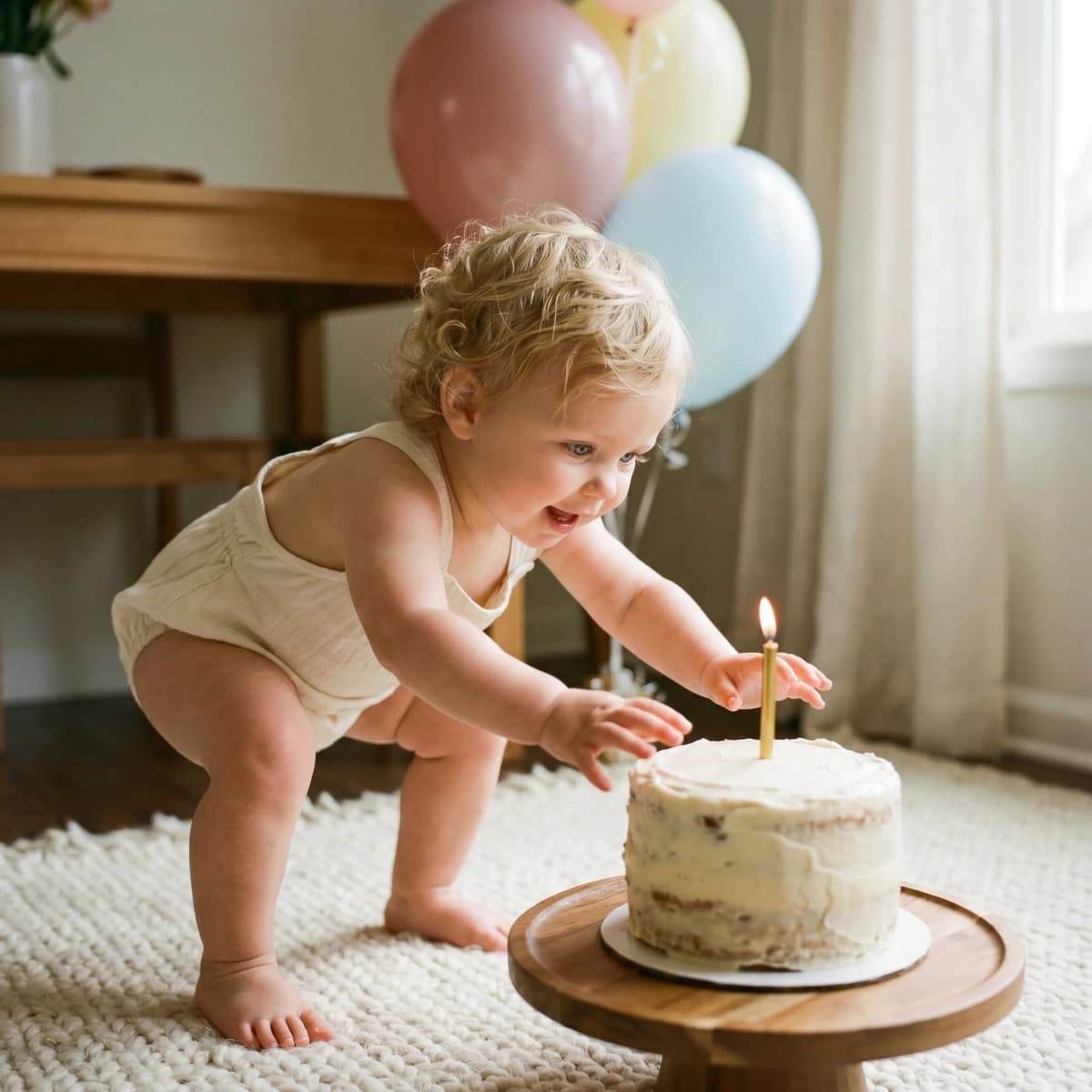 A one-year-old wearing a paper crown sitting beside a small birthday cake in soft window light
