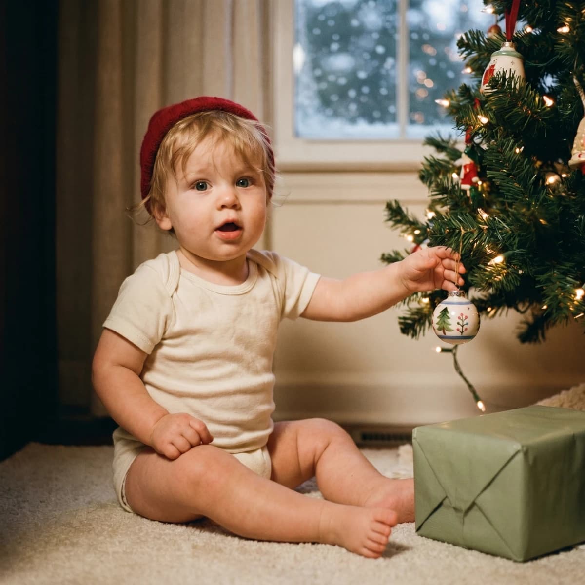 A baby resting in soft Christmas morning light beside a small decorated tree