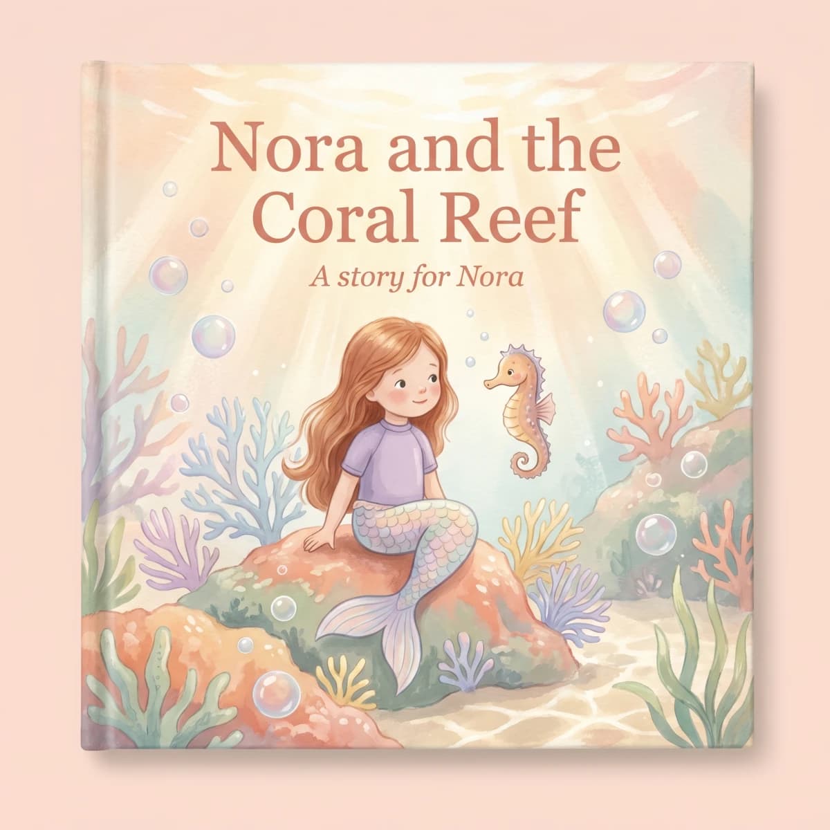 A one-of-a-kind hardcover personalised mermaid storybook with a child illustrated as the mermaid
