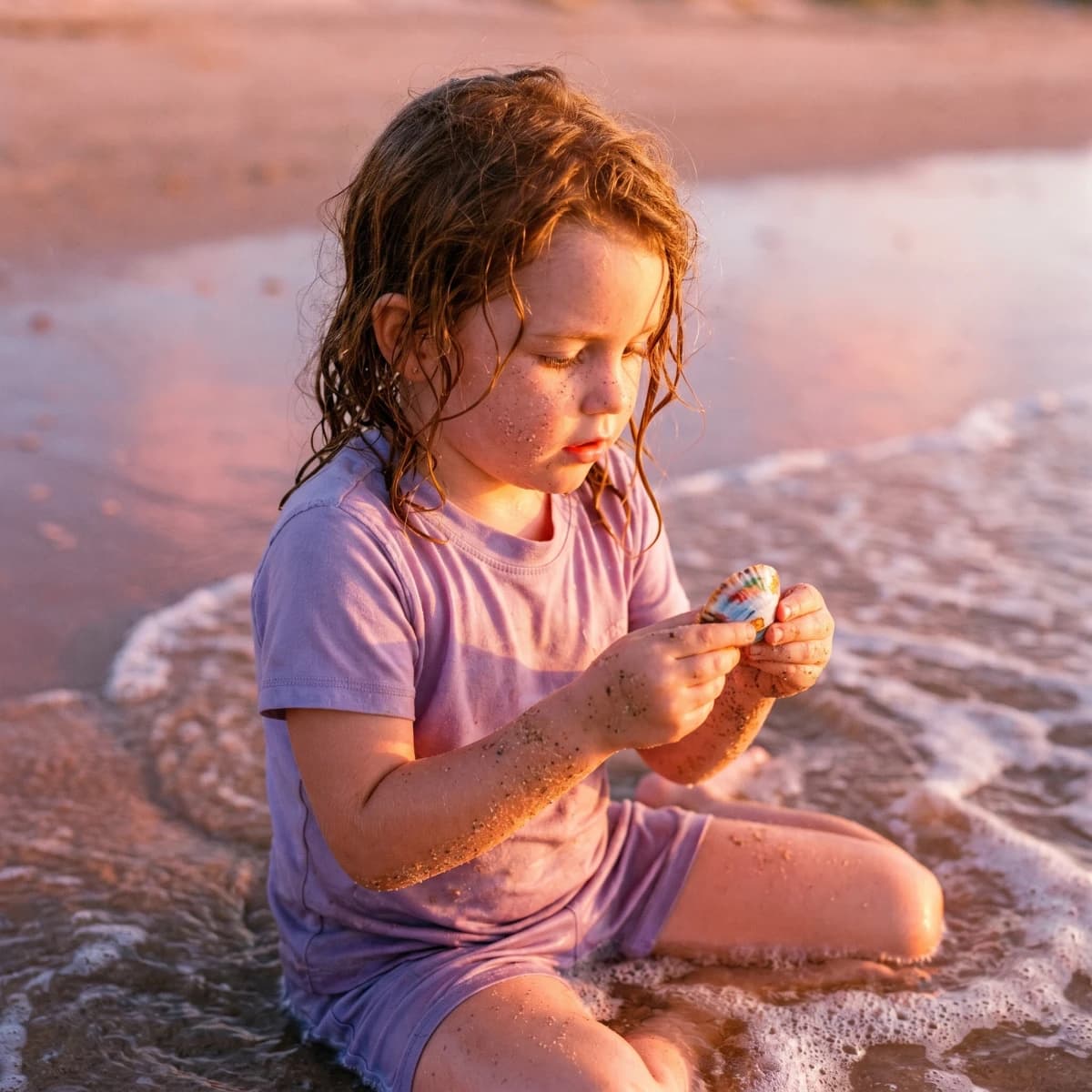 A young child wading at the water's edge on a quiet beach in late afternoon light