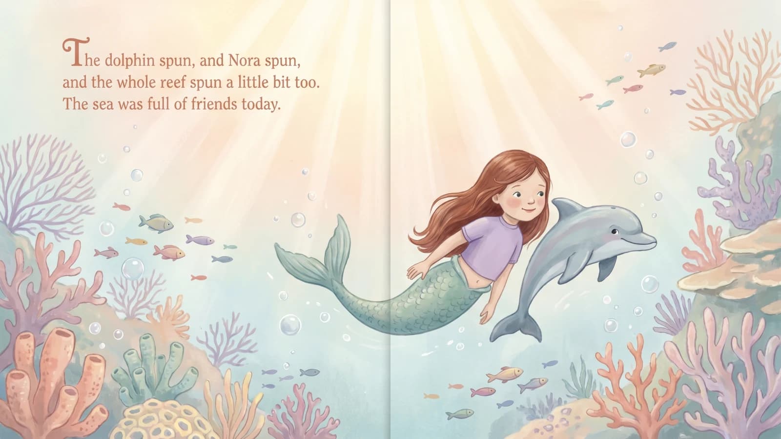 Inside spread from a Paper Lake personalised mermaid storybook showing the child as a mermaid in an underwater scene