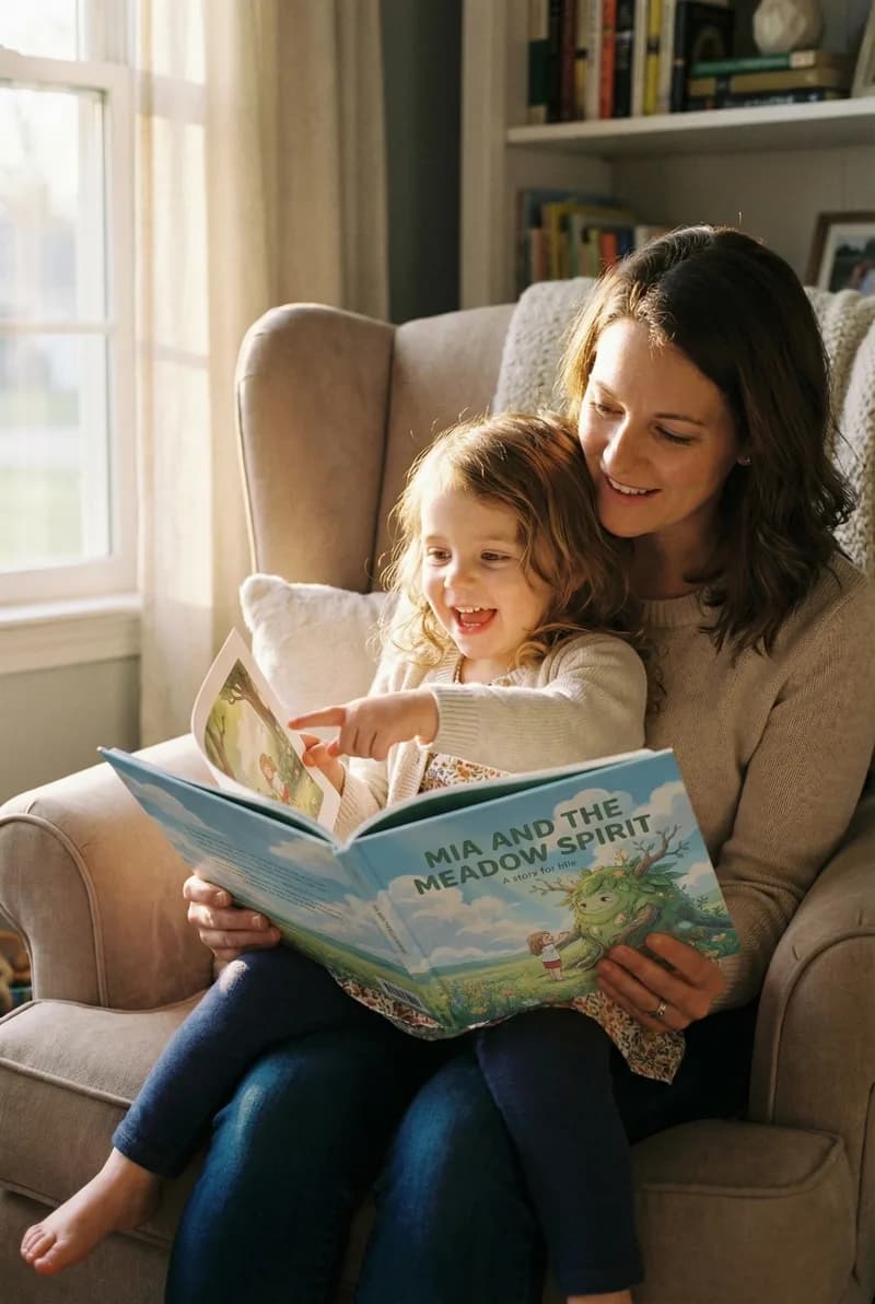 Mia reading her Ghibli storybook with her mum