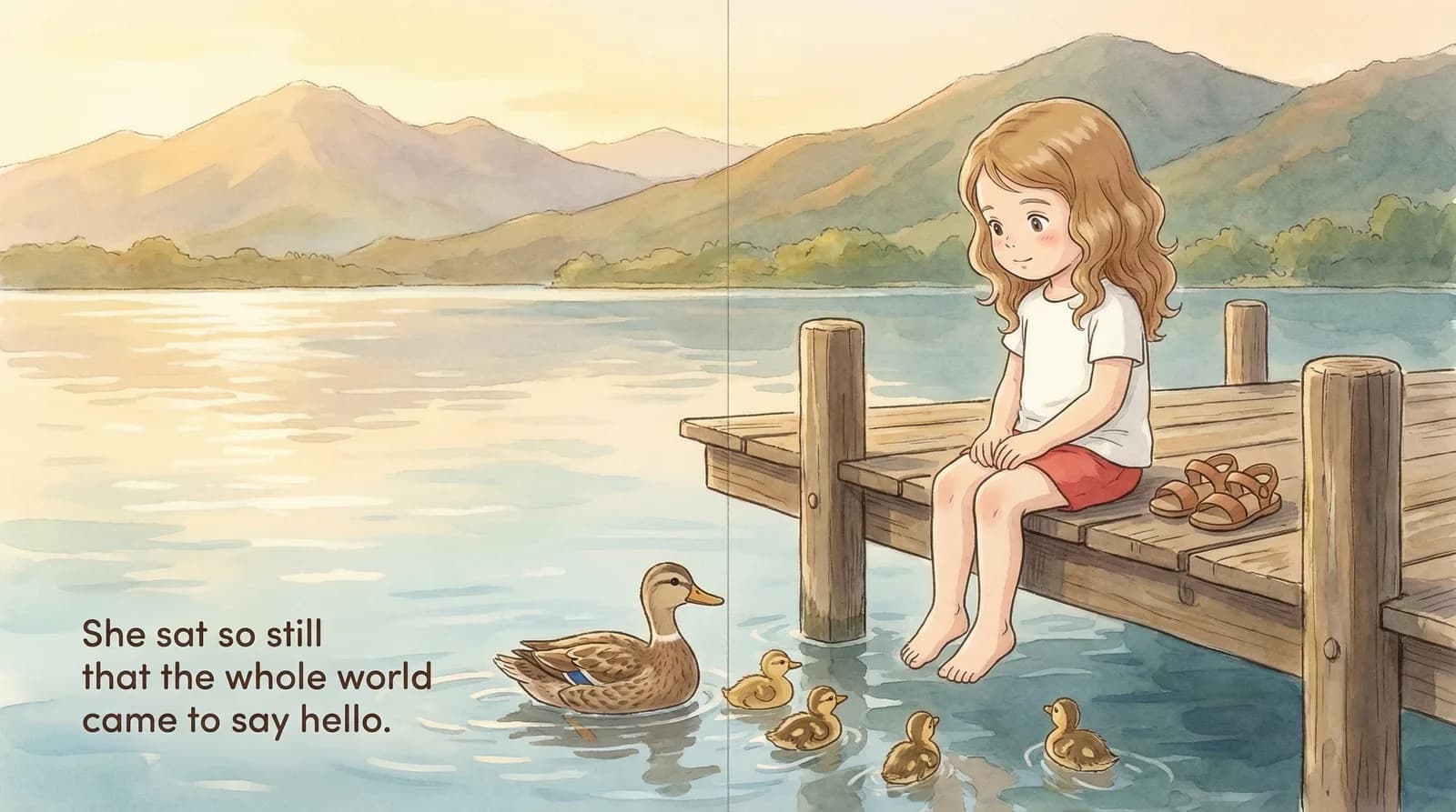 Paper Lake book spread in Studio Ghibli-inspired illustration style