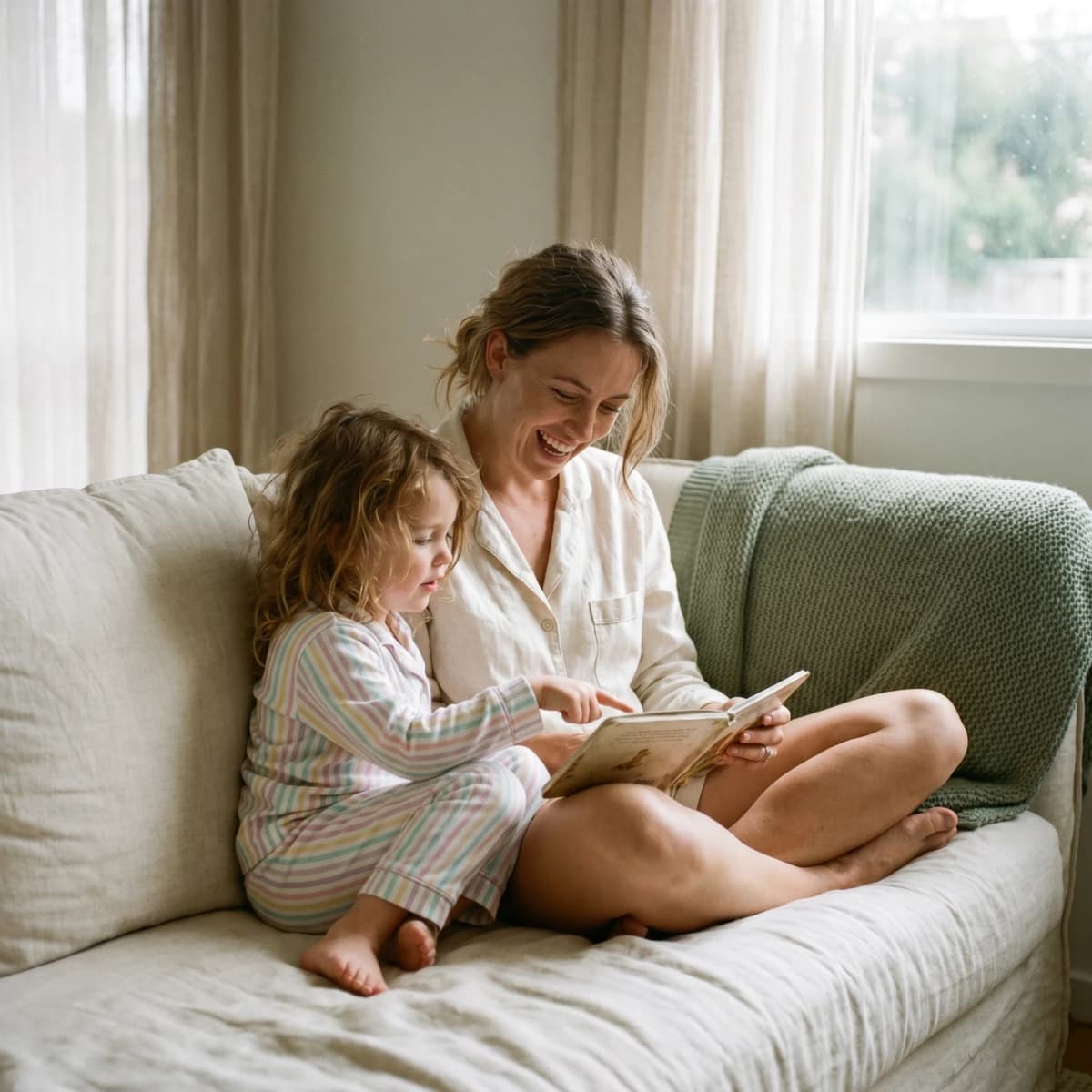 A toddler holding a Mother's Day card by a window in Sydney morning light