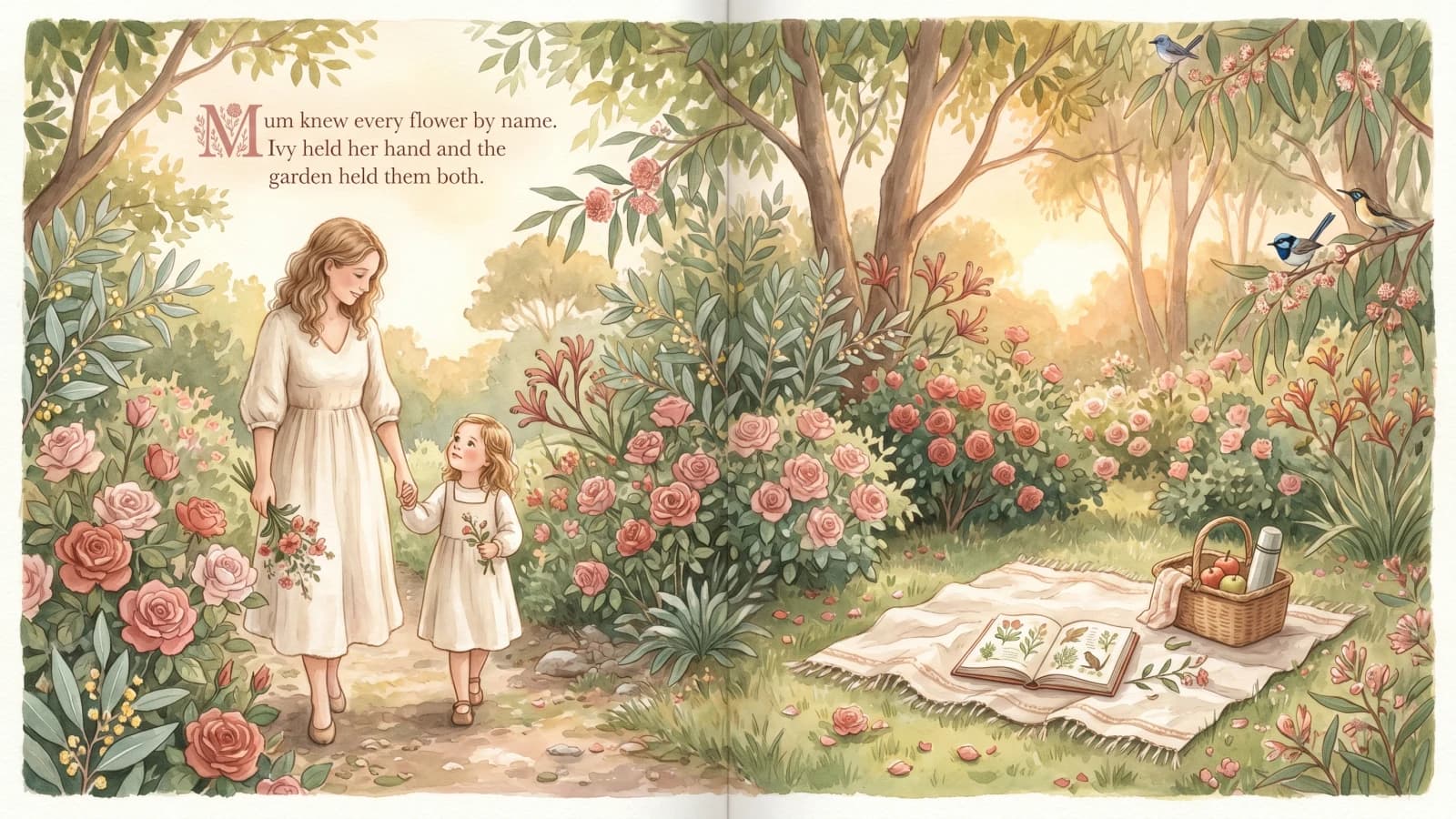 An interior spread from a Paper Lake Mother's Day storybook showing mum and child illustrated in the story