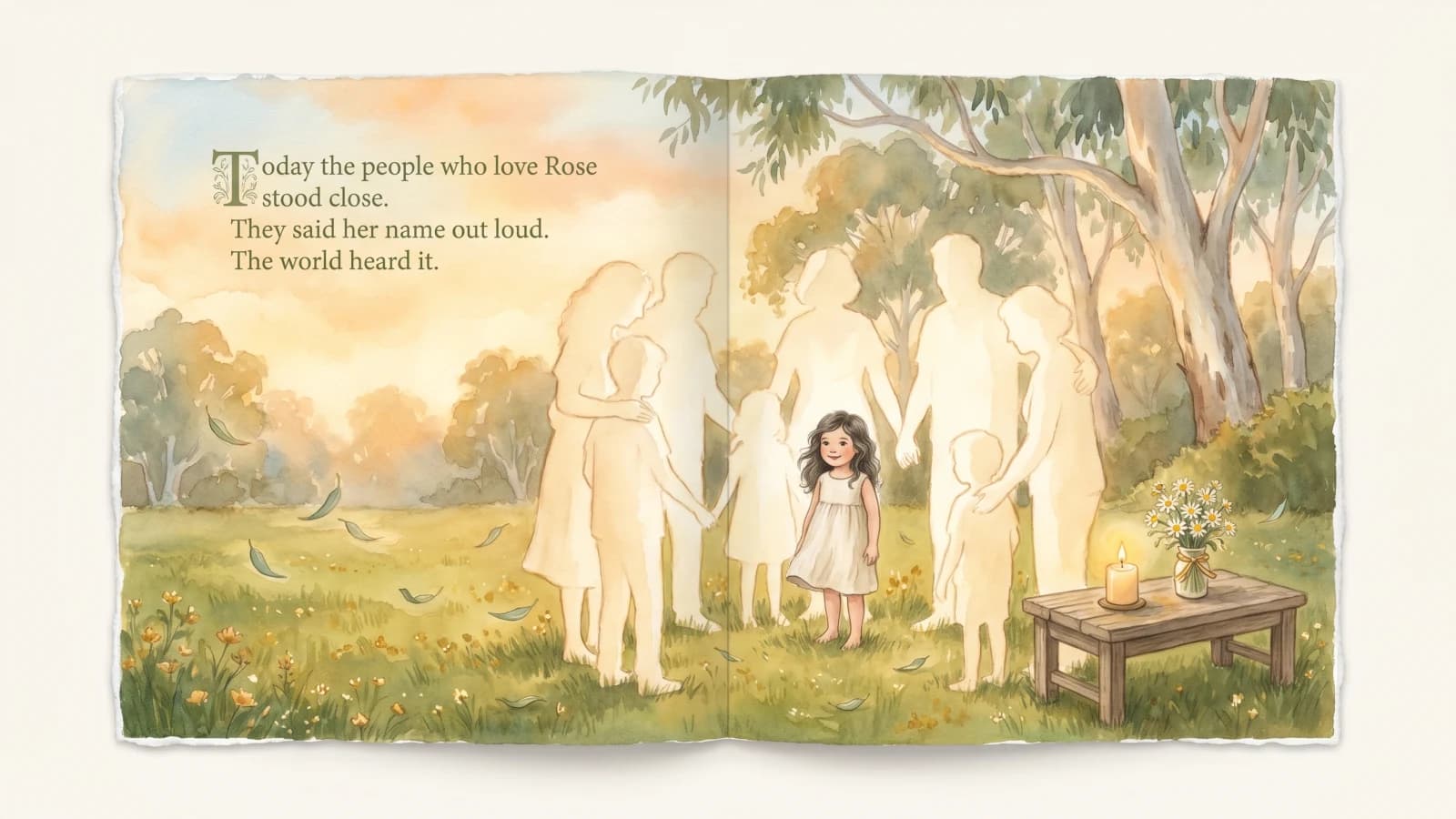 An interior spread from a Paper Lake christening storybook with a dedication page