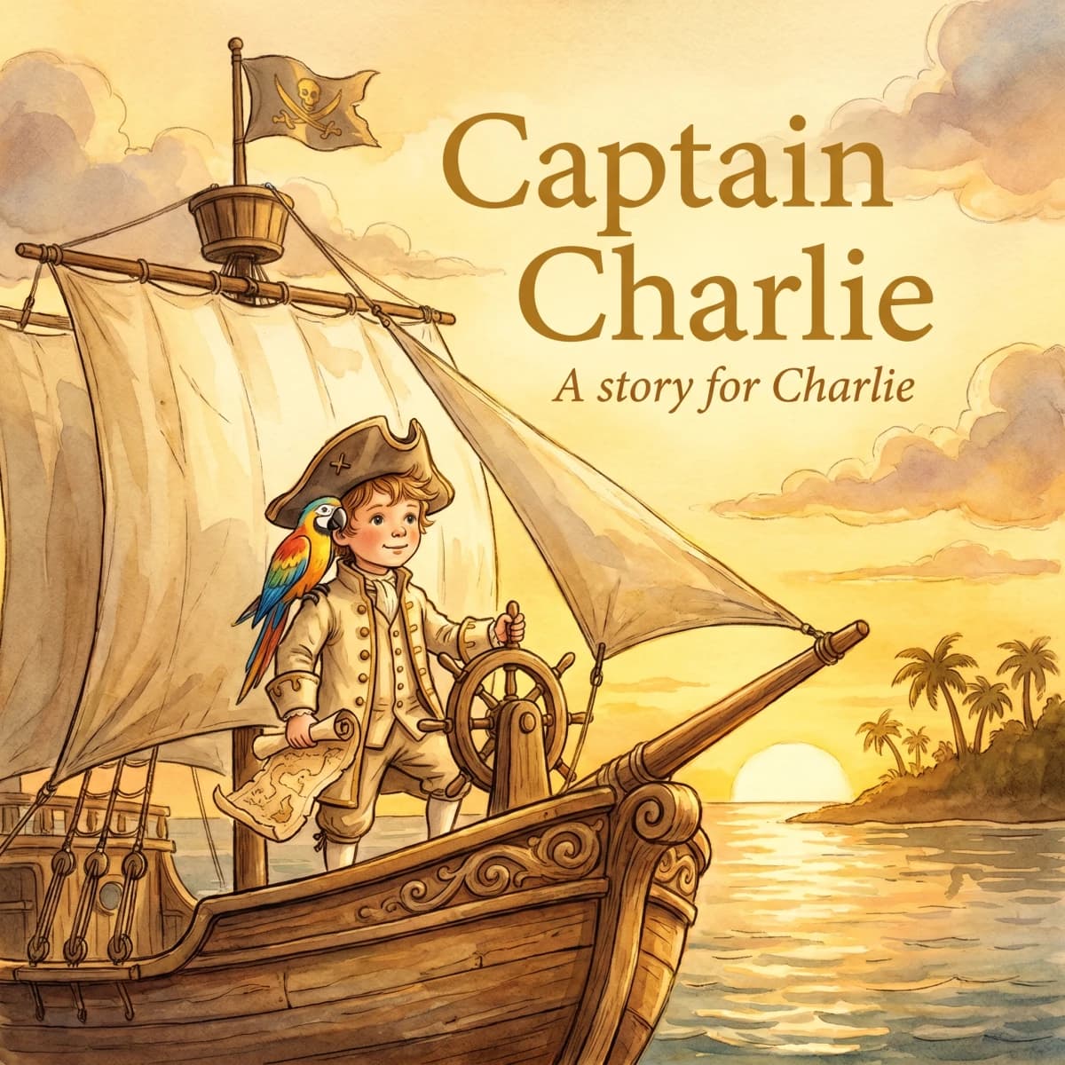 A personalised pirate storybook cover featuring a child as the captain of the ship