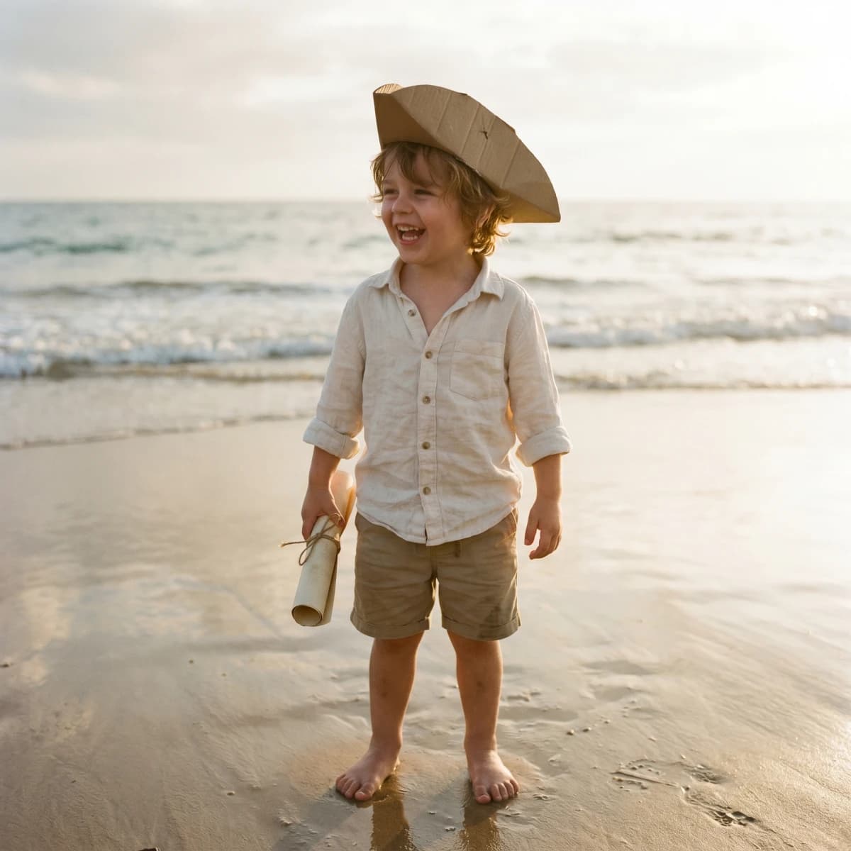 A young child holding a wooden sword by a sandy shoreline at golden hour