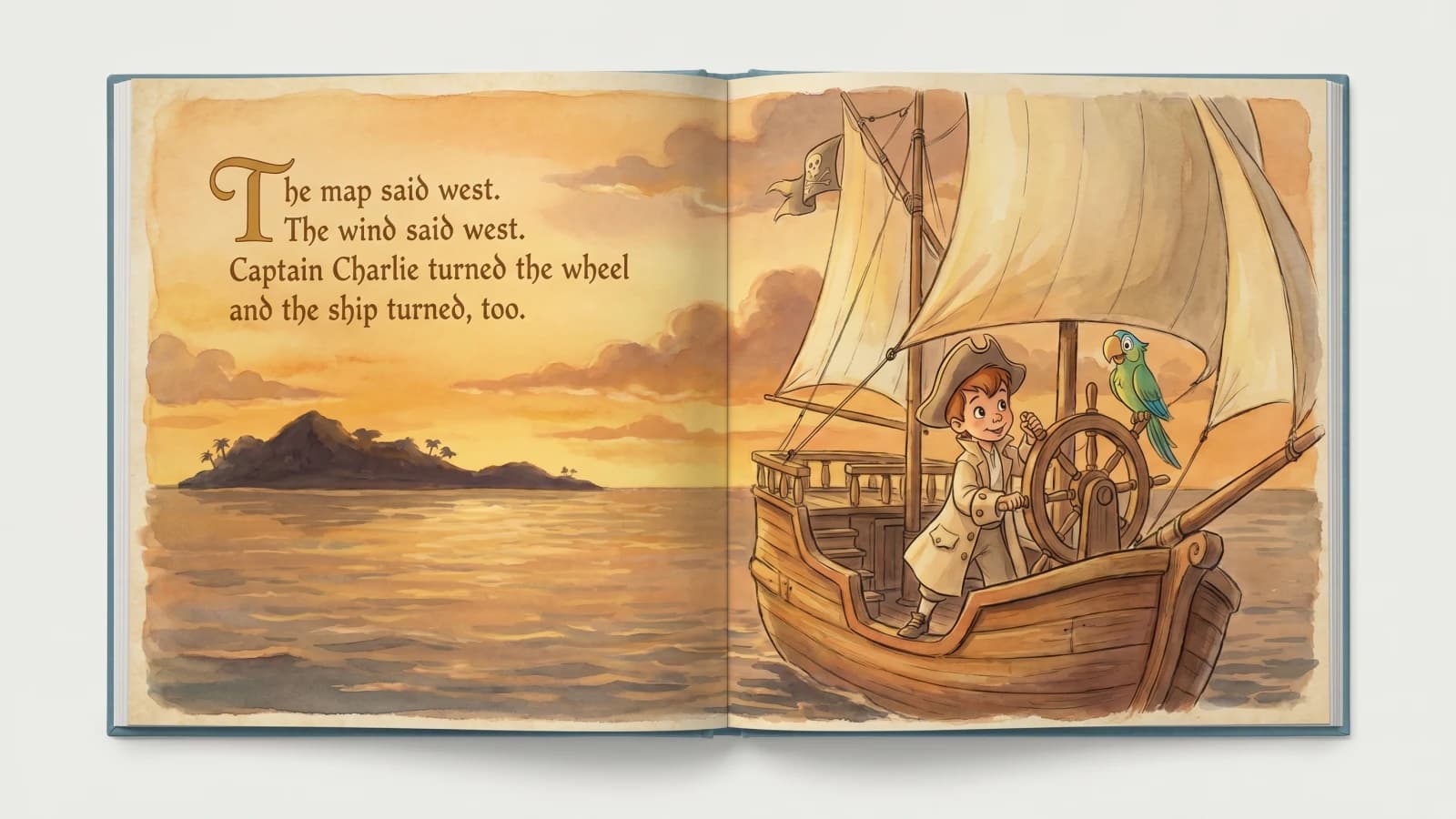 An interior spread from a Paper Lake personalised pirate book showing the child illustrated as the captain on the ship