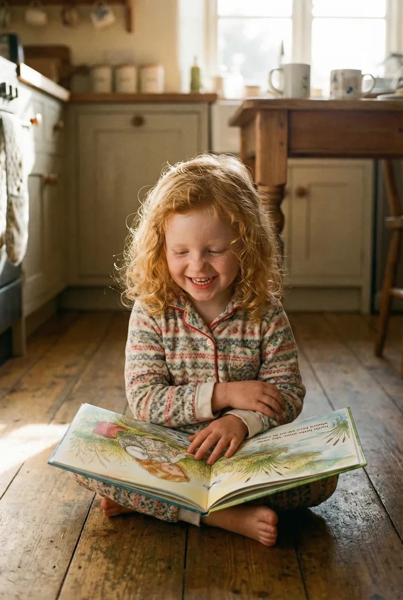 Rosie reading her watercolour storybook on the kitchen floor