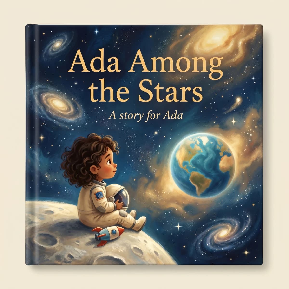 A personalised space book cover showing a child in an astronaut suit floating beside a planet